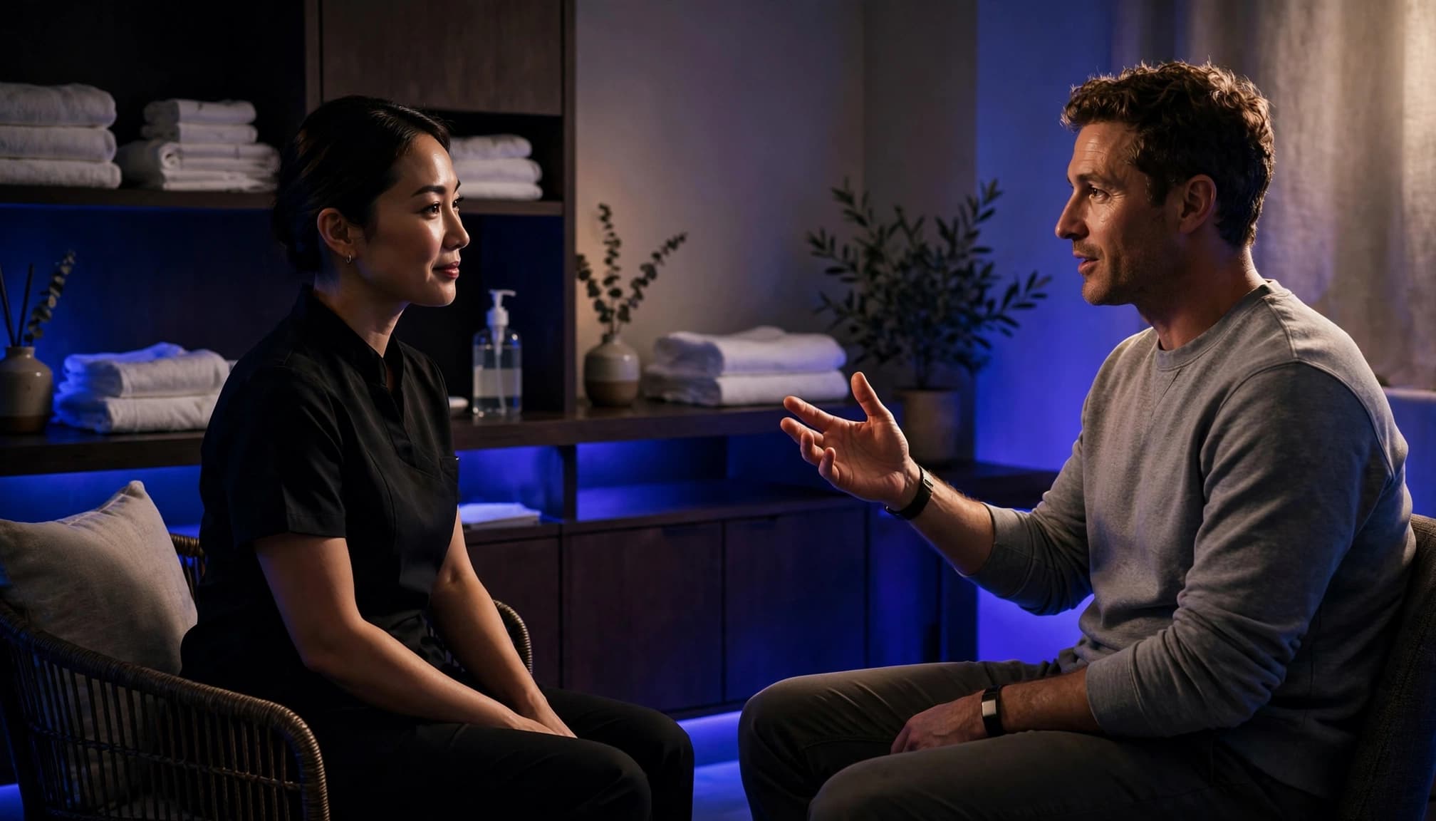 A therapist and client discuss treatment while seated apart in a softly lit spa room.
