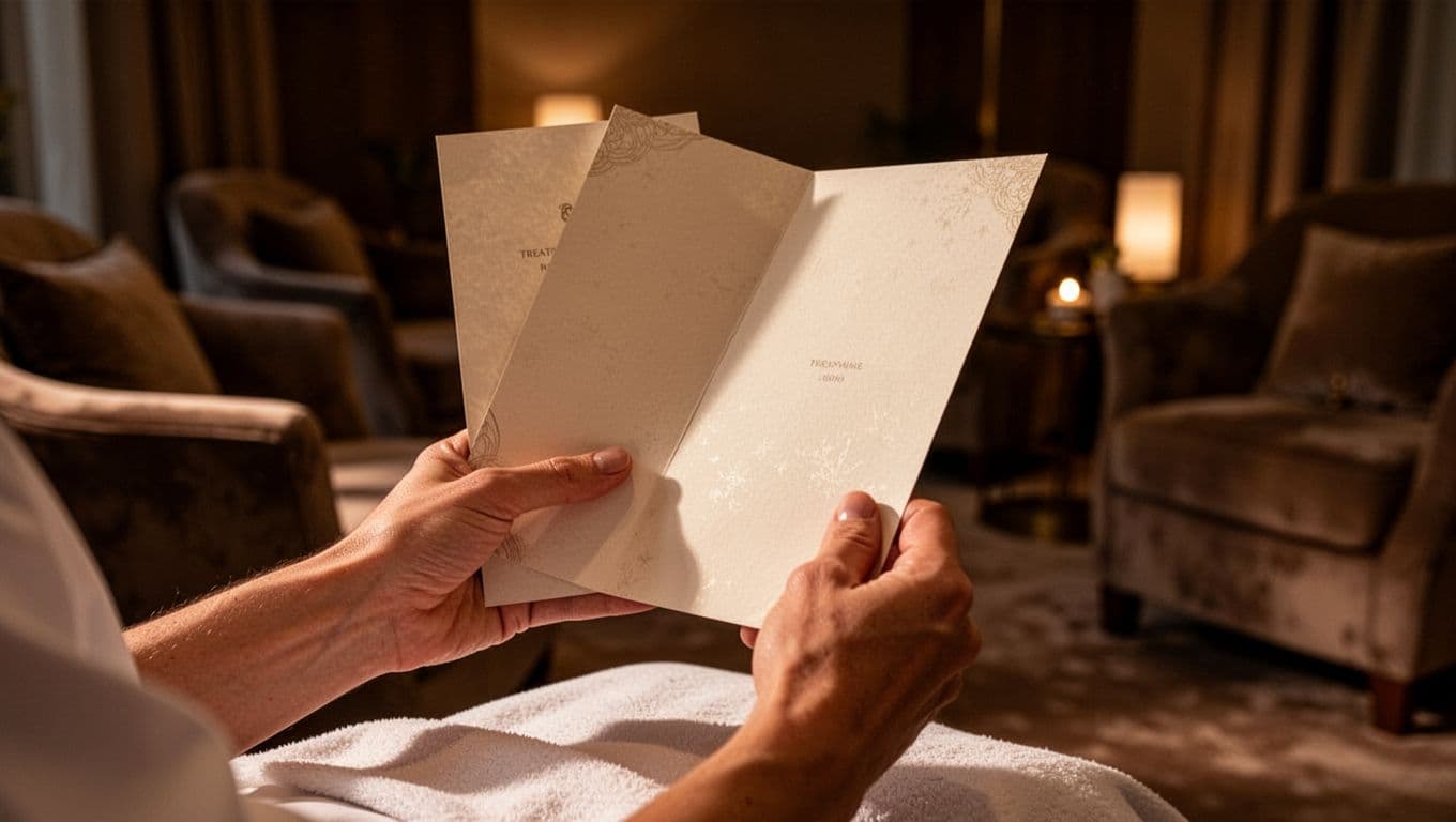 A person holds a blank, textured paper menu within a dimly lit, cozy lounge. The warm cinematic lighting highlights the delicate texture of the paper and the person's hands.