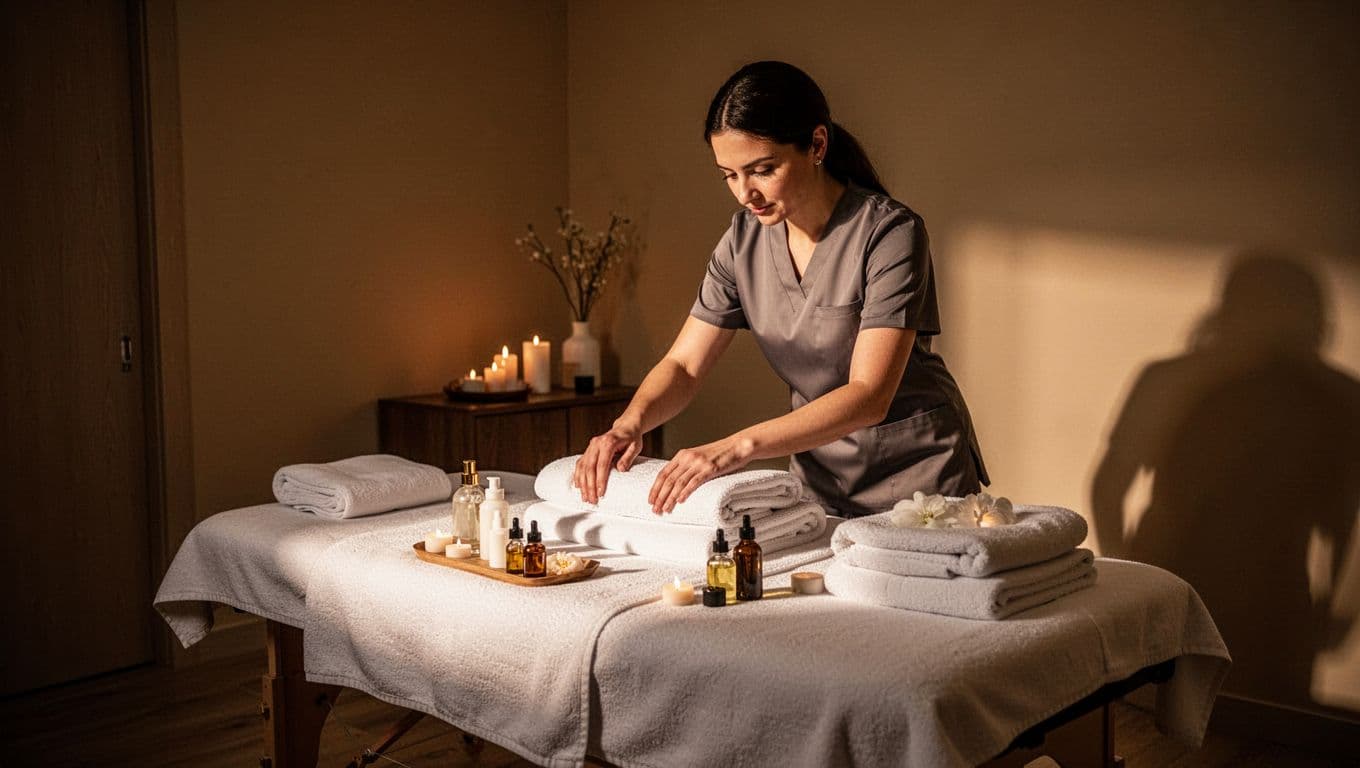 A therapist preparing a massage table in a warm, serene spa room.