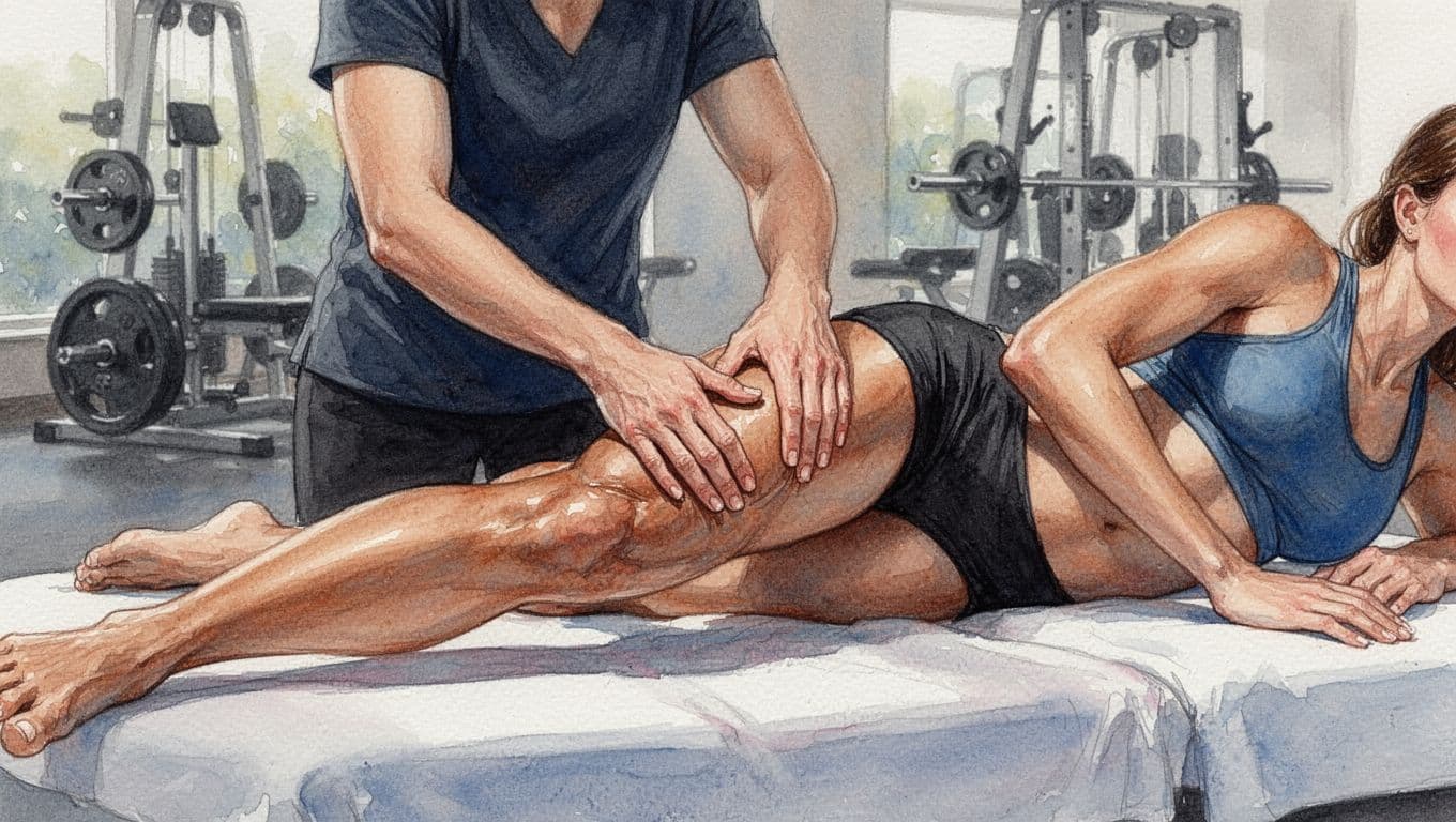 Massages in Langata: A Clear Guide from Fortune Massage & Spa 6 Therapist applies firm strokes to side-lying athlete's thigh and calf on massage table in gym spa.