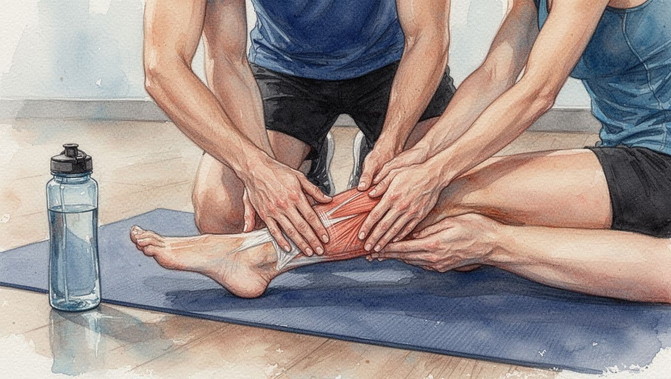 A therapist applies gliding strokes and gentle stretching to an athletic person's lower legs for myofascial release in a recovery setting with yoga mat and water bottle. Watercolor style features soft blending, visible brush texture, and vibrant yet calm tones.