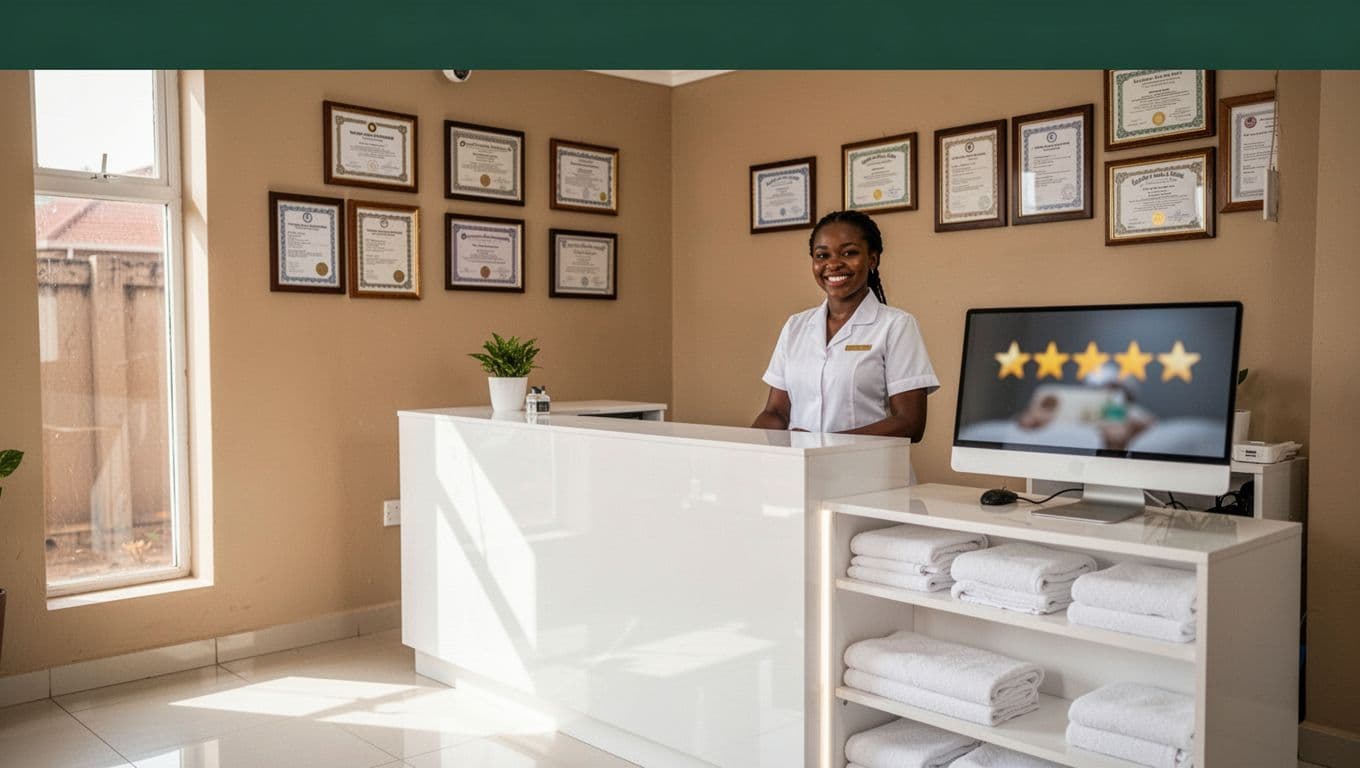 Clean modern massage spa reception in Kilimani, Nairobi, with spotless white floors, folded towels, framed licenses, blurred computer screen showing 5-star reviews, and one smiling female receptionist in a serene professional atmosphere.