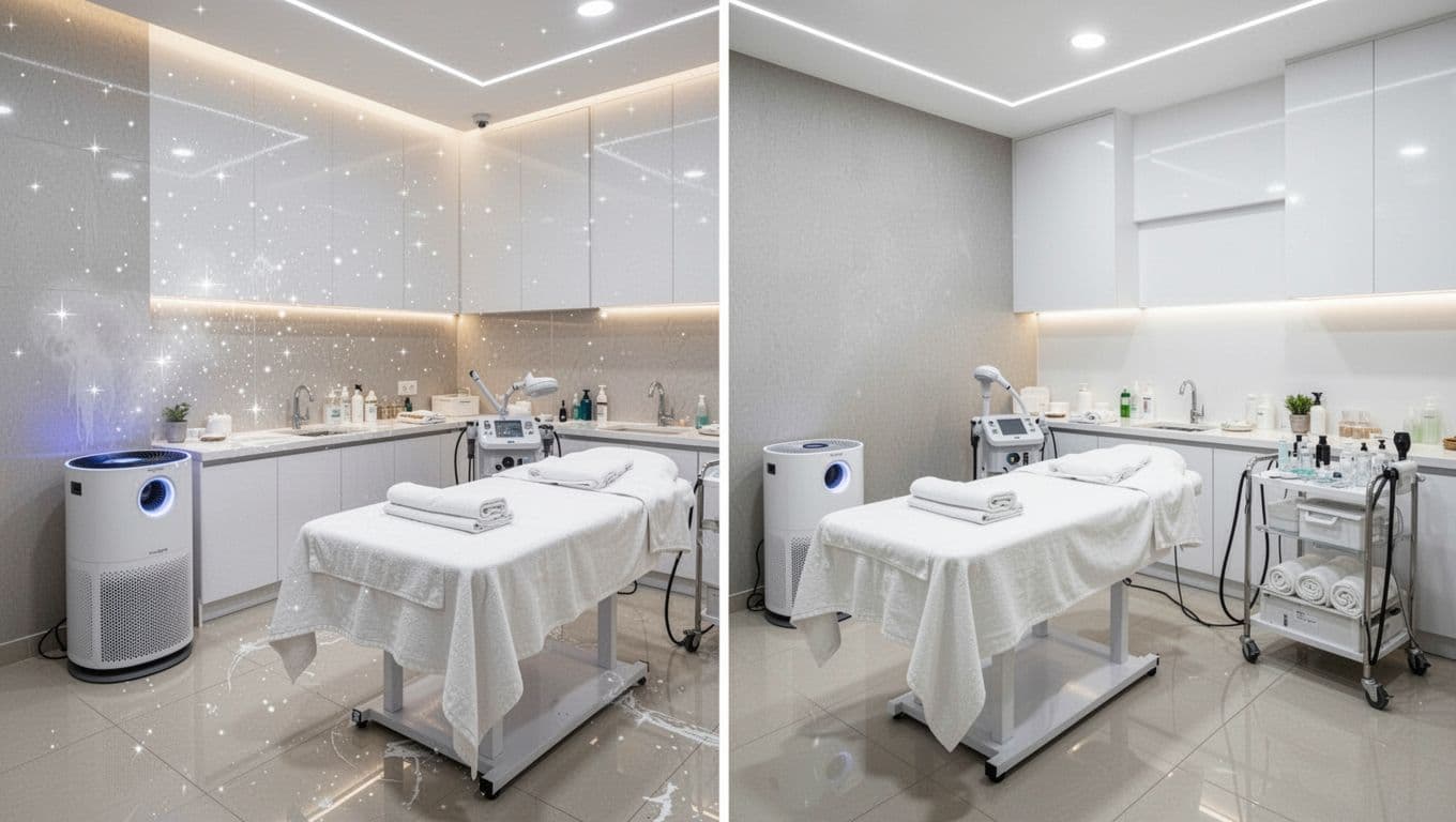 Serene empty massage room in modern Nairobi spa post-cleaning, with sparkling surfaces, fresh linens, air purifier, organized tools, and bright lighting emphasizing high hygiene.