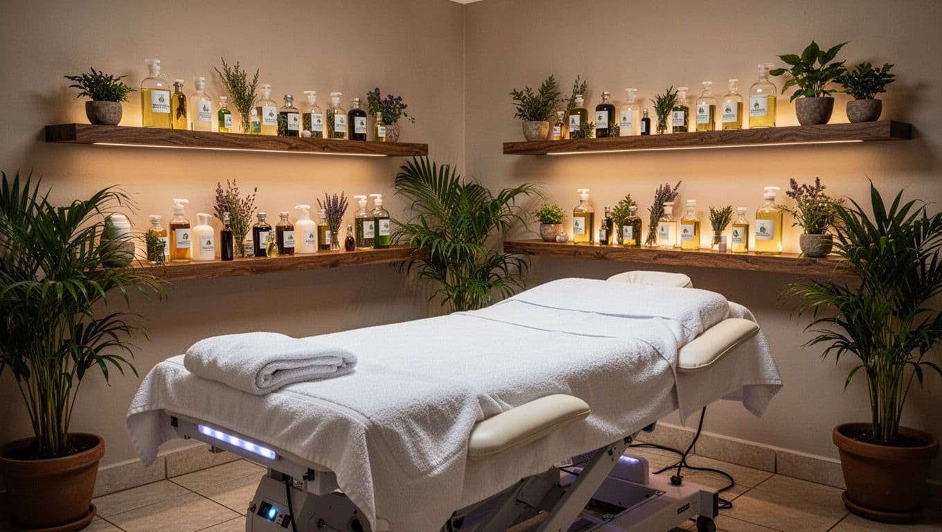 Pristine massage room at Velva Massage & Spa in Kilimani, Nairobi, with fresh white linens on heated table, natural Kenyan oils and herbs on shelves, green plants, and serene ambient lighting.