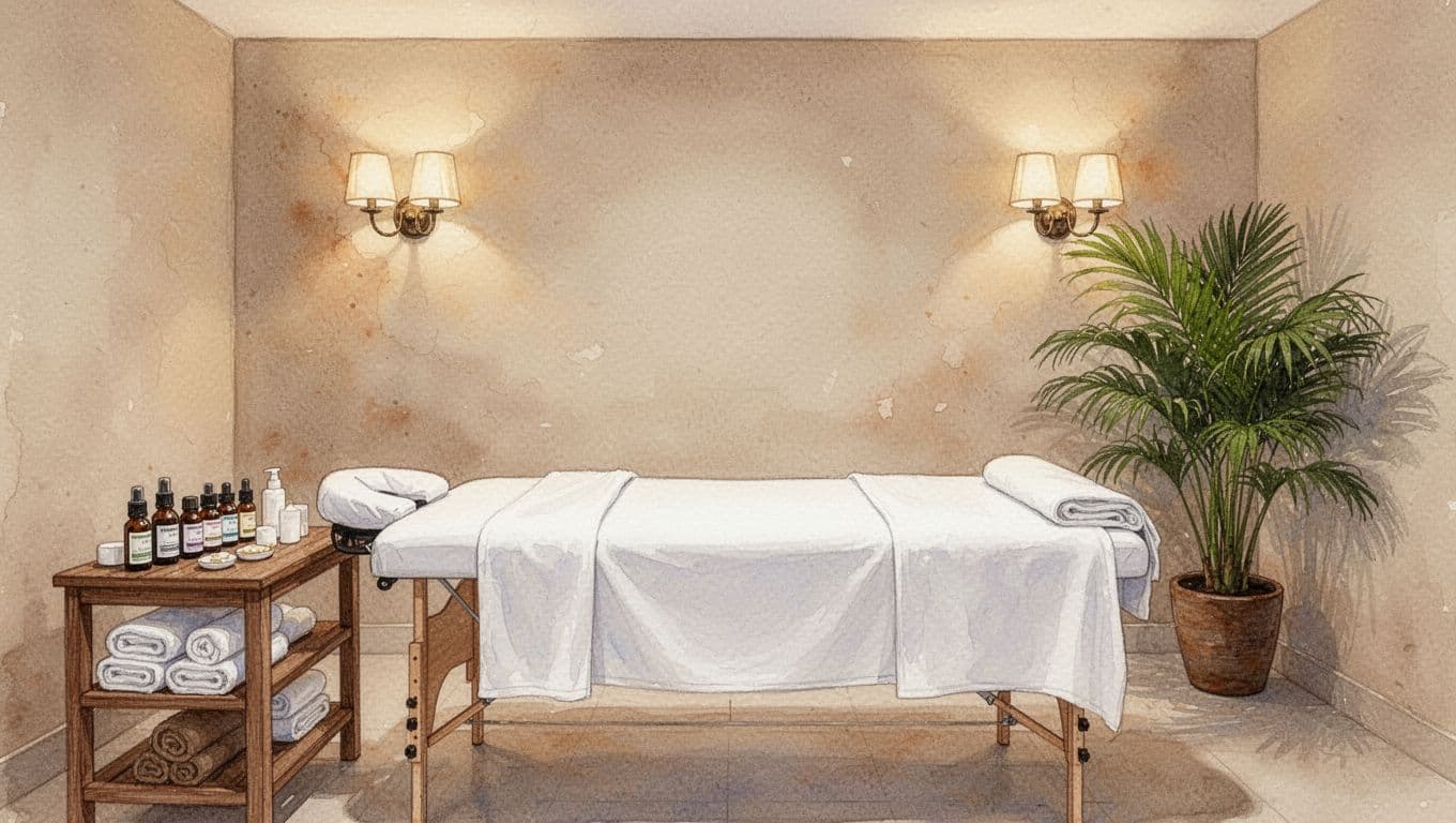 Spotless treatment room inside Nairobi massage spa with massage table draped in fresh white linens, neatly arranged essential oils and towels on wooden side table, tropical plants in corner, soft warm lighting, watercolor style.
