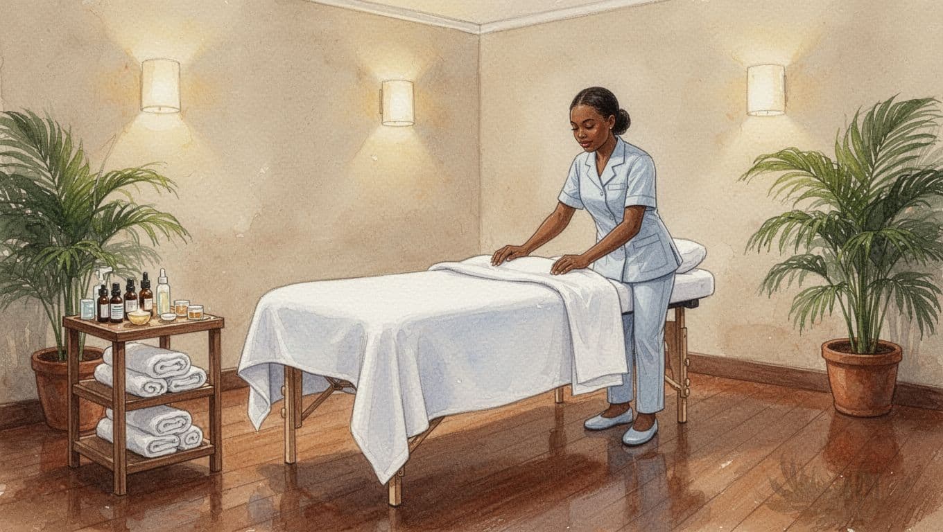 Spotless Nairobi massage spa treatment room featuring fresh white linens on the massage table, neatly arranged essential oils and towels, polished wooden floors, tropical plants, and soft warm lighting with one female therapist adjusting the table in watercolor style.