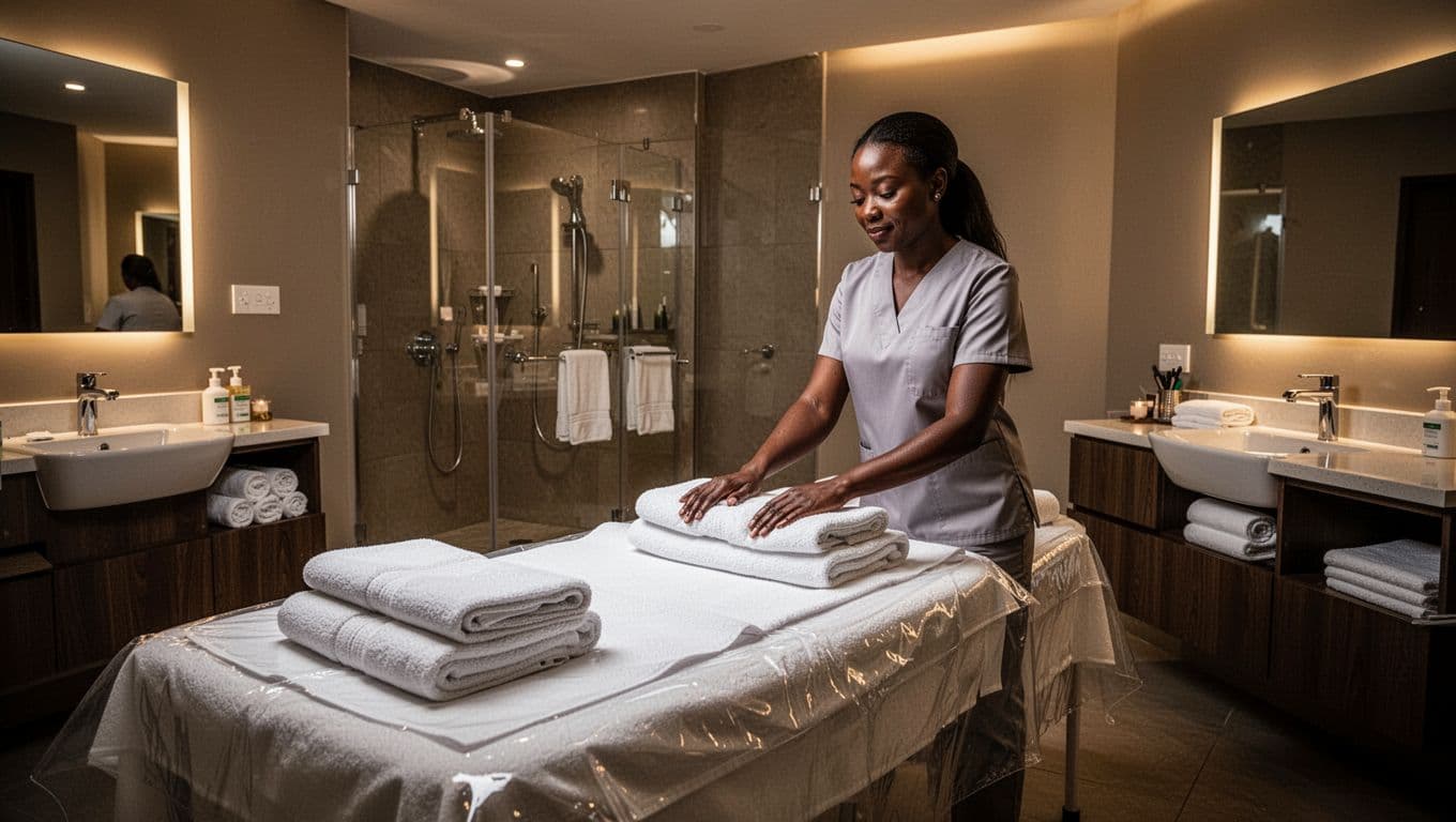Immaculate Nairobi spa room ready for Nuru massage with neatly folded white towels on a waterproof mat and clean shower area in background. Single female therapist arranges towels amid sanitized surfaces and warm cinematic lighting, highlighting hygiene standards.