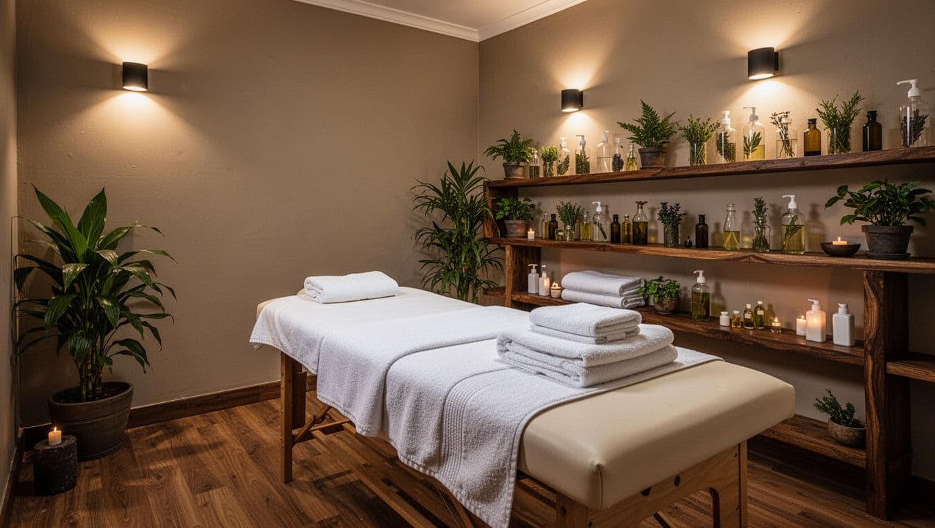 Serene empty private massage room in professional Kilimani spa Nairobi Kenya, impeccably clean with fresh white linens, natural oils, potted plants, and soft ambient lighting.