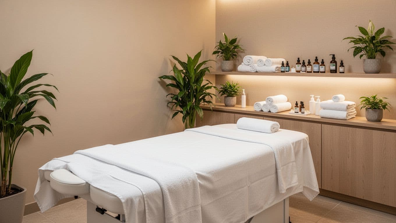 Massage 15 A pristine, empty professional spa massage room features a padded table with crisp white sheets, neatly folded fresh towels, essential oil bottles on an organized shelf, lush green plants, and soft ambient lighting in warm neutral tones, evoking serenity, cleanliness, privacy, and comfort.