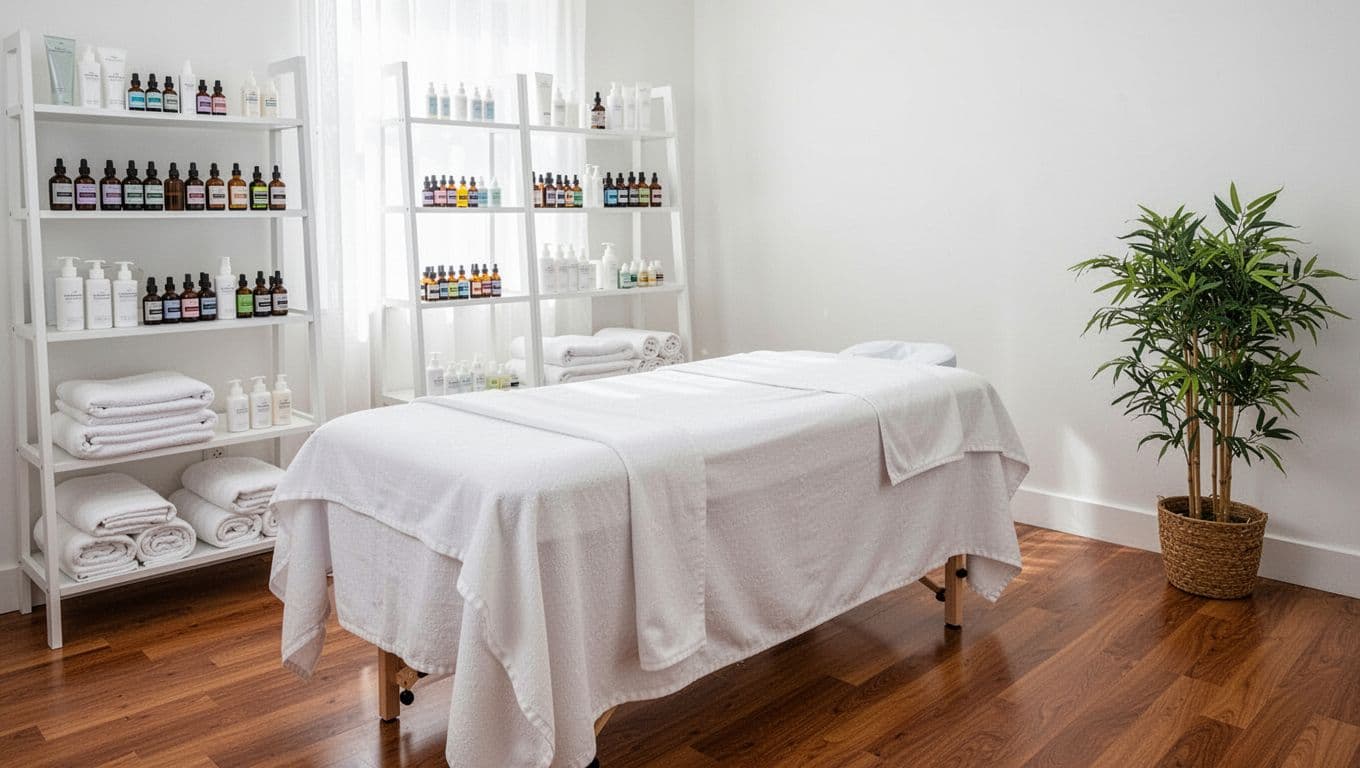 Massage Nairobi: How to Choose the Right Spa and Treatment 11 Spotless professional spa treatment room ready for client, with fresh crisp white linens on massage table, neatly organized shelves of essential oils and towels, polished wood floor, soft natural daylight through sheer curtains, serene empty space with potted plant.