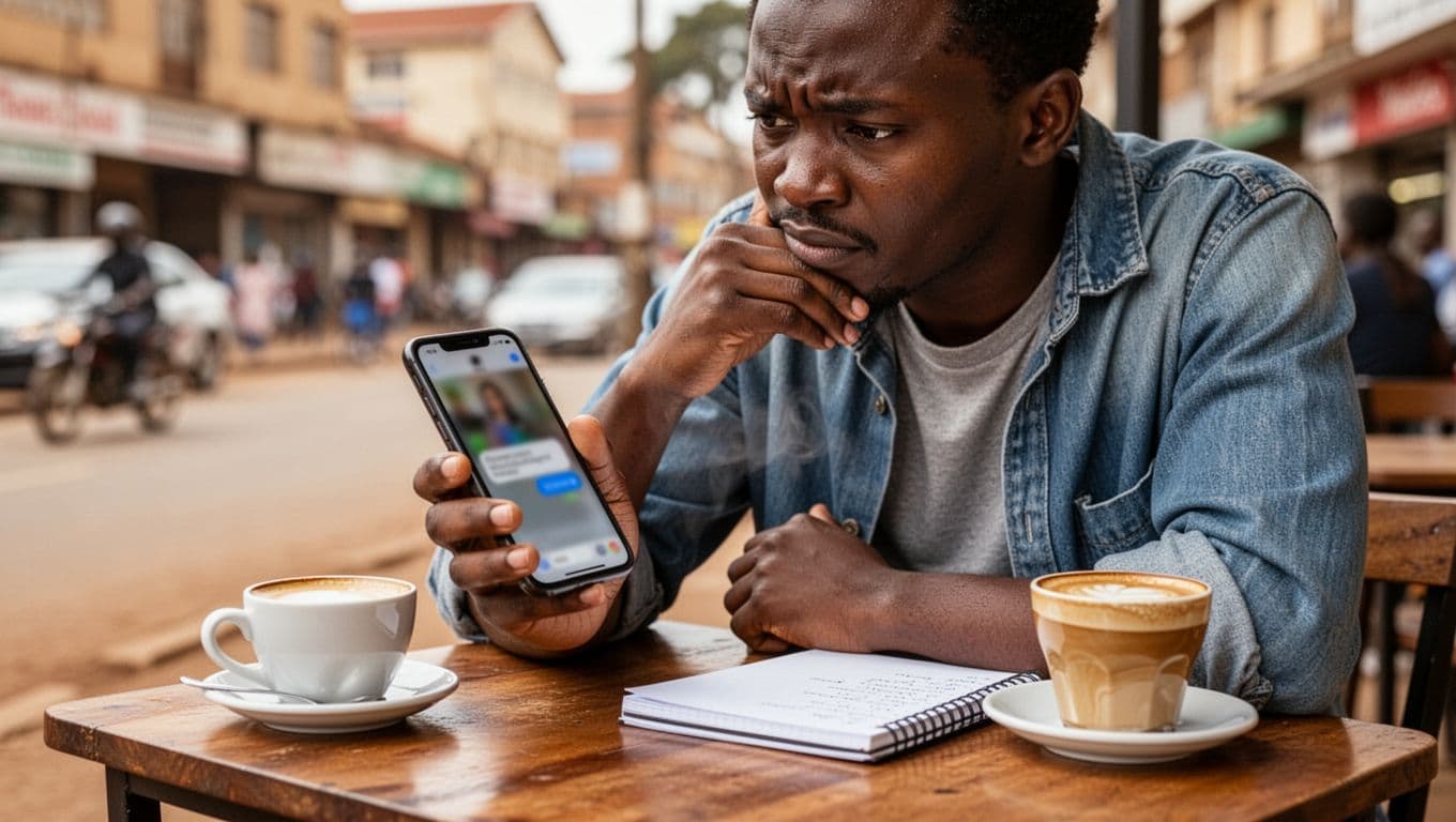 A single person in casual clothes sits at a cafe table in Kilimani, Nairobi, holding a phone with a blurred messaging app open, frowning slightly while pondering a response. A coffee cup and notebook are nearby, with an urban street blurred in the natural daylight background.