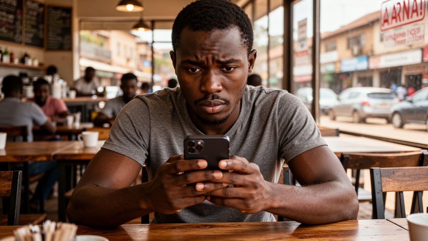 One person in a busy Kilimani Nairobi cafe during daytime, closely examining smartphone with alert cautious expression while spotting warning signs; blurred cafe and street background, natural daylight, realistic style.