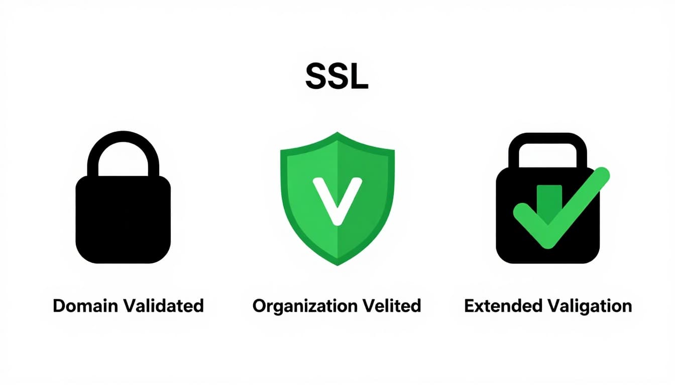 Clean minimal vector icons of three SSL certificate types side by side on white background: padlock for Domain Validated, shield for Organization Validated, green bar for Extended Validation.