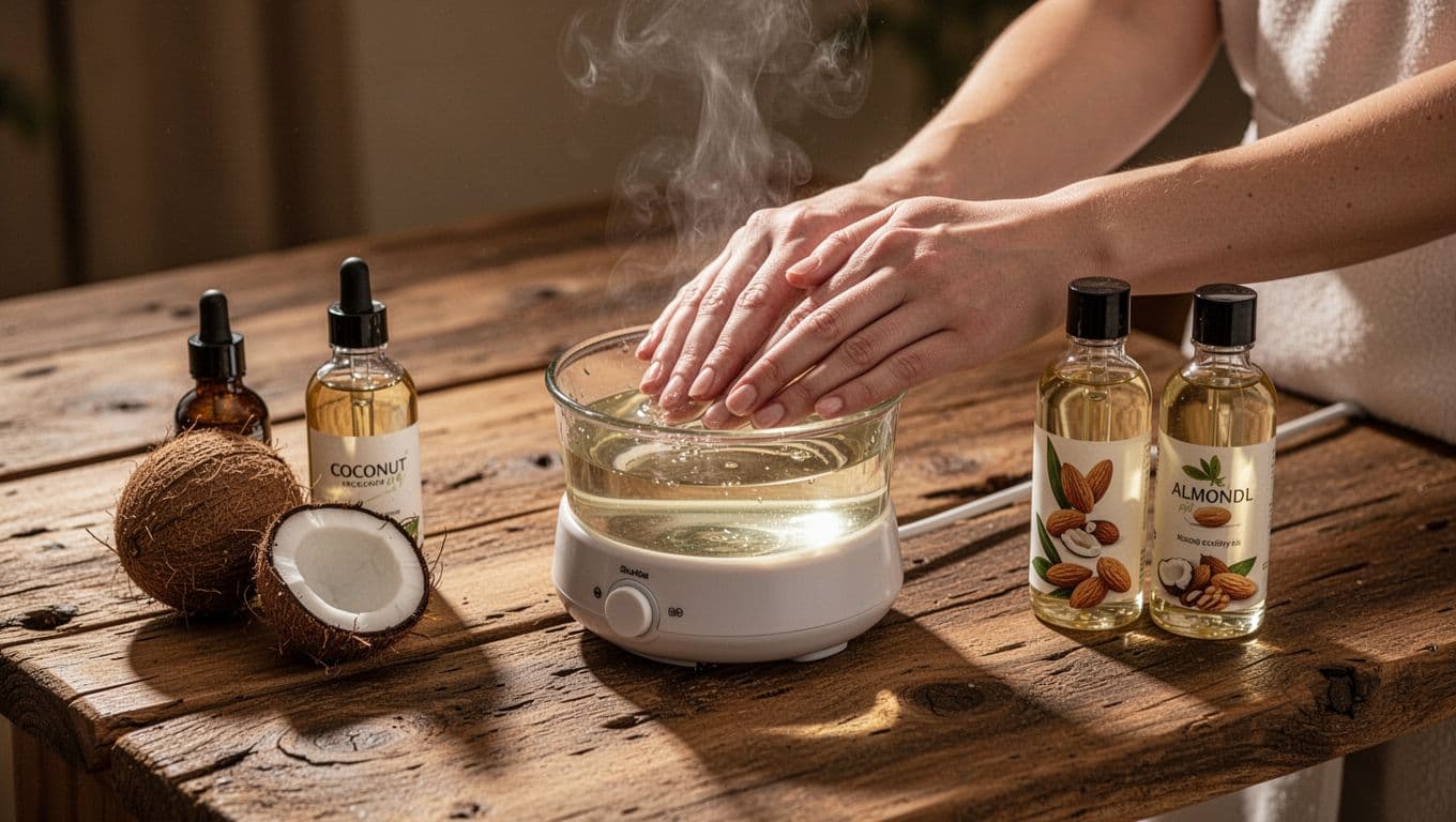 Pair of hands safely warming clear oil in an electric warmer on a rustic spa table with oil bottles nearby.
