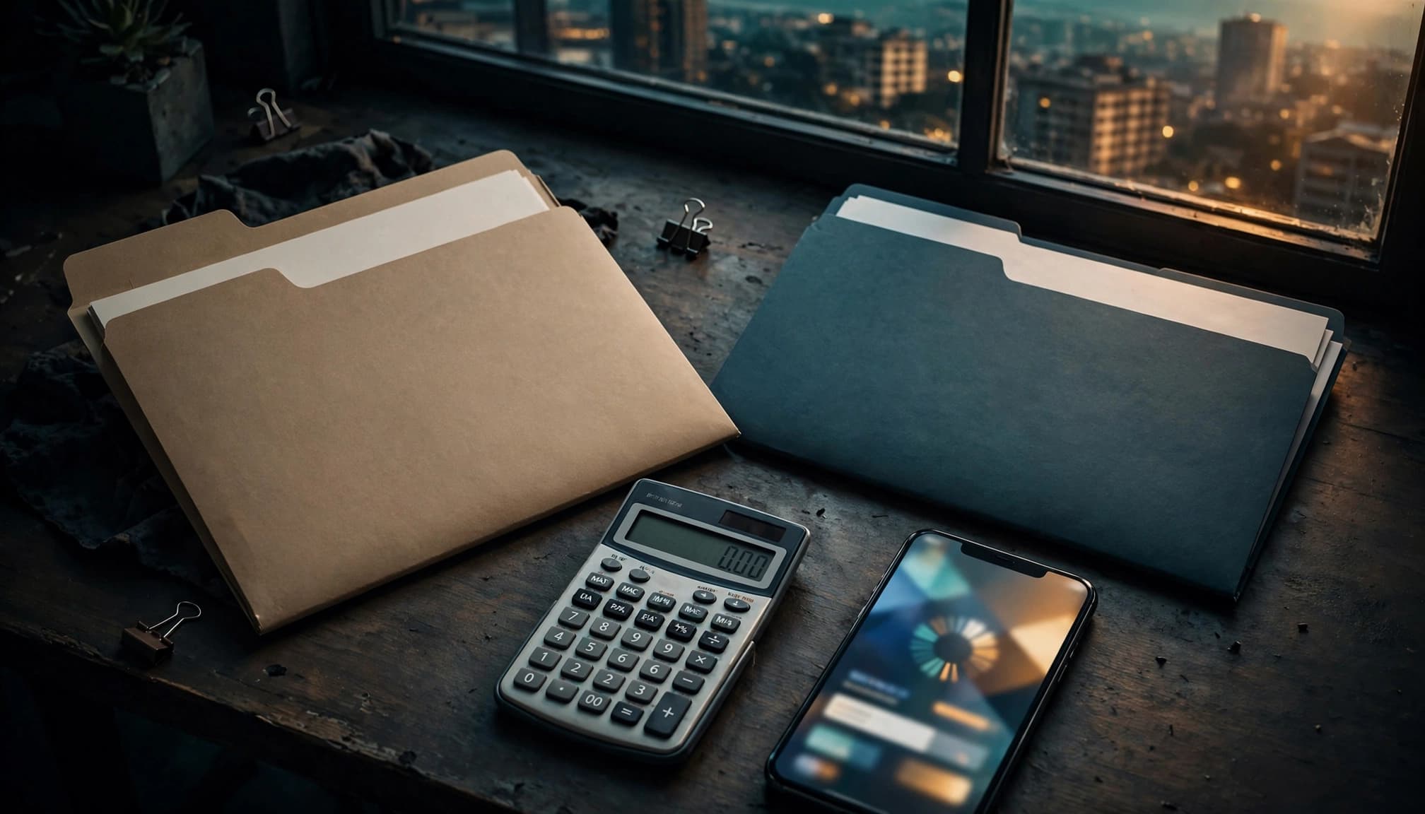 Two proposal folders, a calculator, and one phone sit on a dark table.