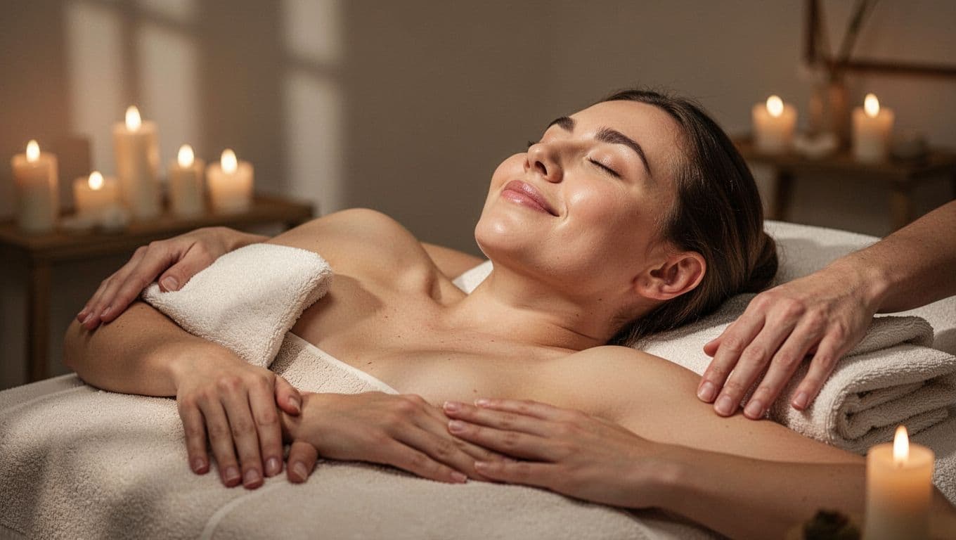 A relaxed client lies on a massage table during a deep tissue session, eyes closed in bliss with a tension-free expression in a serene, dimly lit spa room featuring a bold 'Stress Melt' headline. The medium shot from above focuses on the peaceful face and upper body, conveying ultimate stress relief for better sleep.