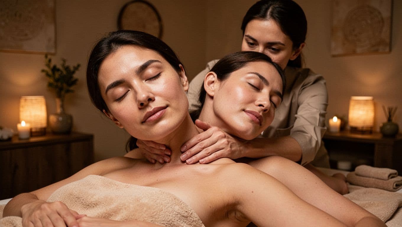 A relaxed client receives a soothing Swedish massage on their upper back and neck from a therapist in a serene spa room with dim warm lighting and calming decor. Bold editorial style with headline 'Stress Relief' on a muted dark-green band near the top.
