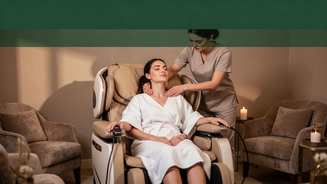 Bold 'Stress Slashed' headline on muted dark-green band at top, serene client on massage chair receiving shoulder and neck kneading from therapist in cozy spa, soft lighting evokes calm stress relief.