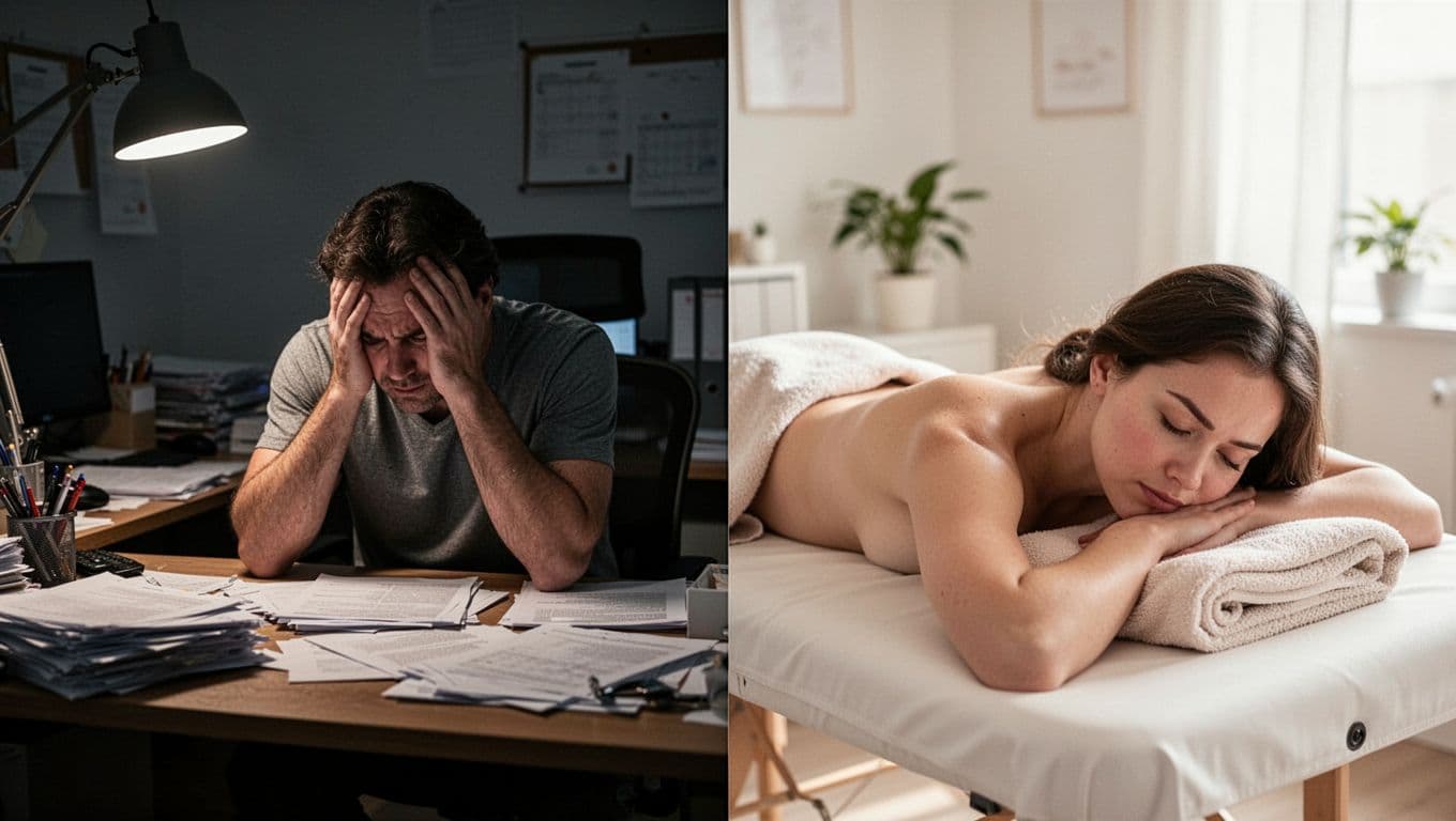 A split image shows a stressed employee hunched over a cluttered desk on the left, while the right displays a peaceful individual reclining on a massage table in a tranquil spa.