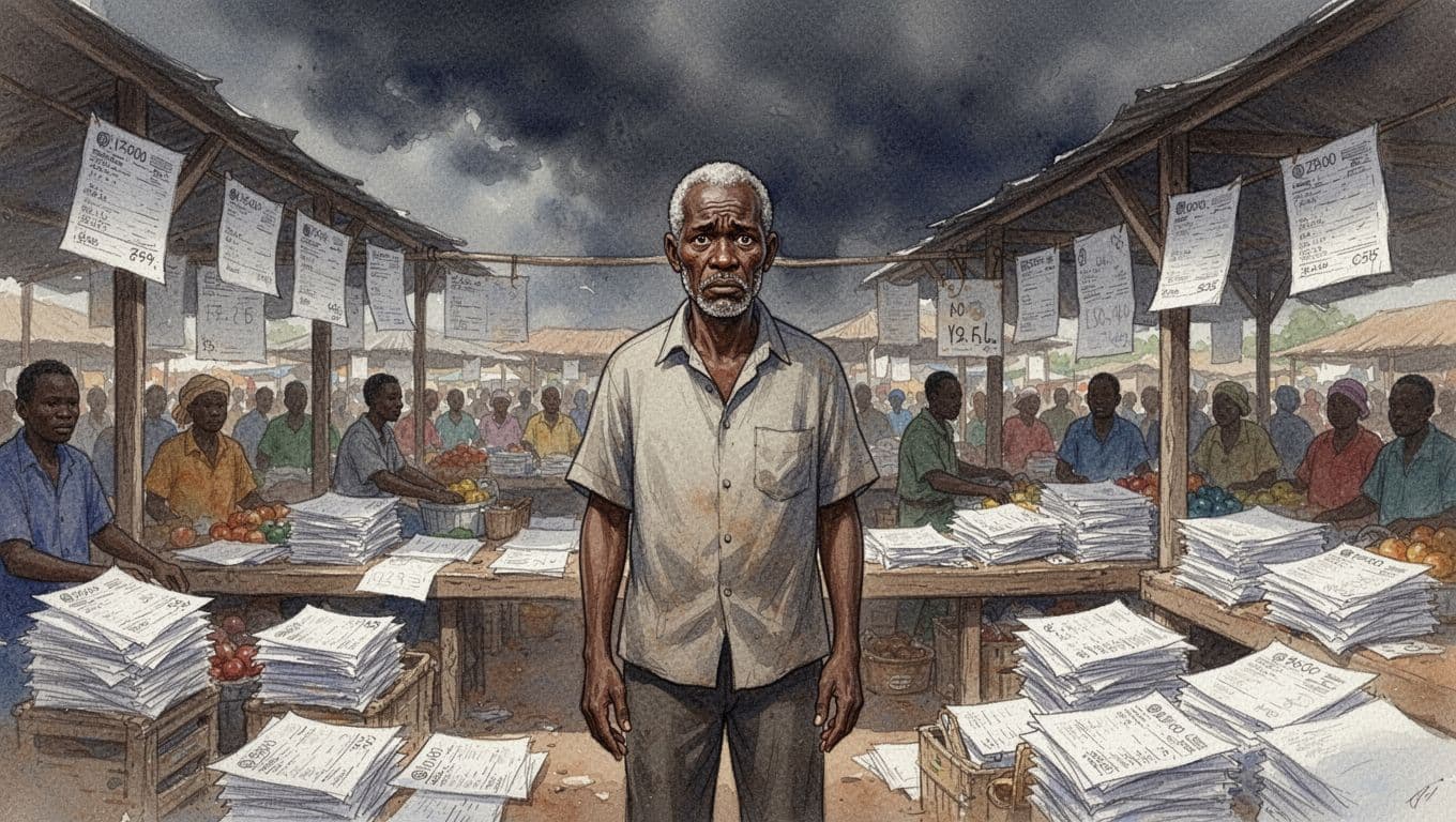 A stressed middle-aged Kenyan small business owner stands at a bustling market stall piled with loan statements showing high interest, under dark storm clouds with a worried expression, in watercolor style.