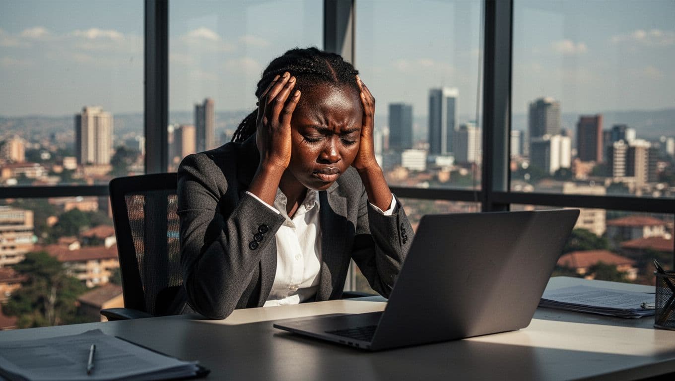 A young Kenyan woman in office attire sits at a desk in a high-rise Kilimani office overlooking the Nairobi skyline, head in hands showing anxiety and fatigue with eyes closed and slumped shoulders.