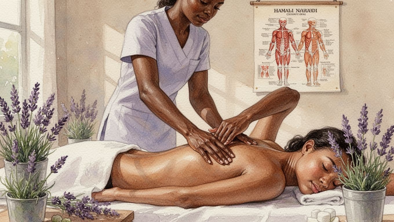 A focused massage therapist with strong, poised hands applies deep tissue technique on a client's back in a serene Nairobi spa room, featuring subtle anatomy chart, lavender plants, and soft watercolor style with warm earthy tones.