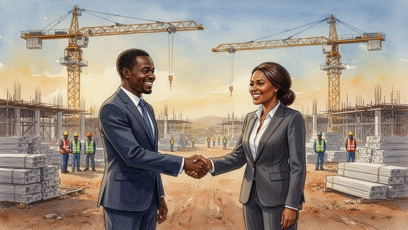 Watercolor style image of one man and one woman in business attire shaking hands with smiles on a Kenyan construction site, depicting positive resolution after a dispute with ongoing safe build in the background under clear skies and warm golden light.