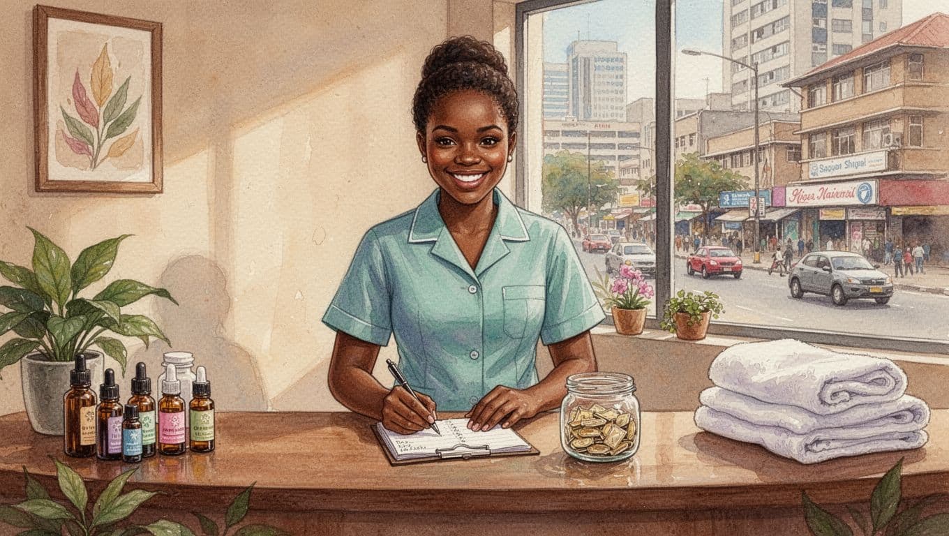 Confident female massage therapist in uniform smiles while organizing appointment book and tip jar at vibrant Nairobi CBD spa reception on Biashara Street, with essential oils, towels, and city view in watercolor style using warm earthy tones.