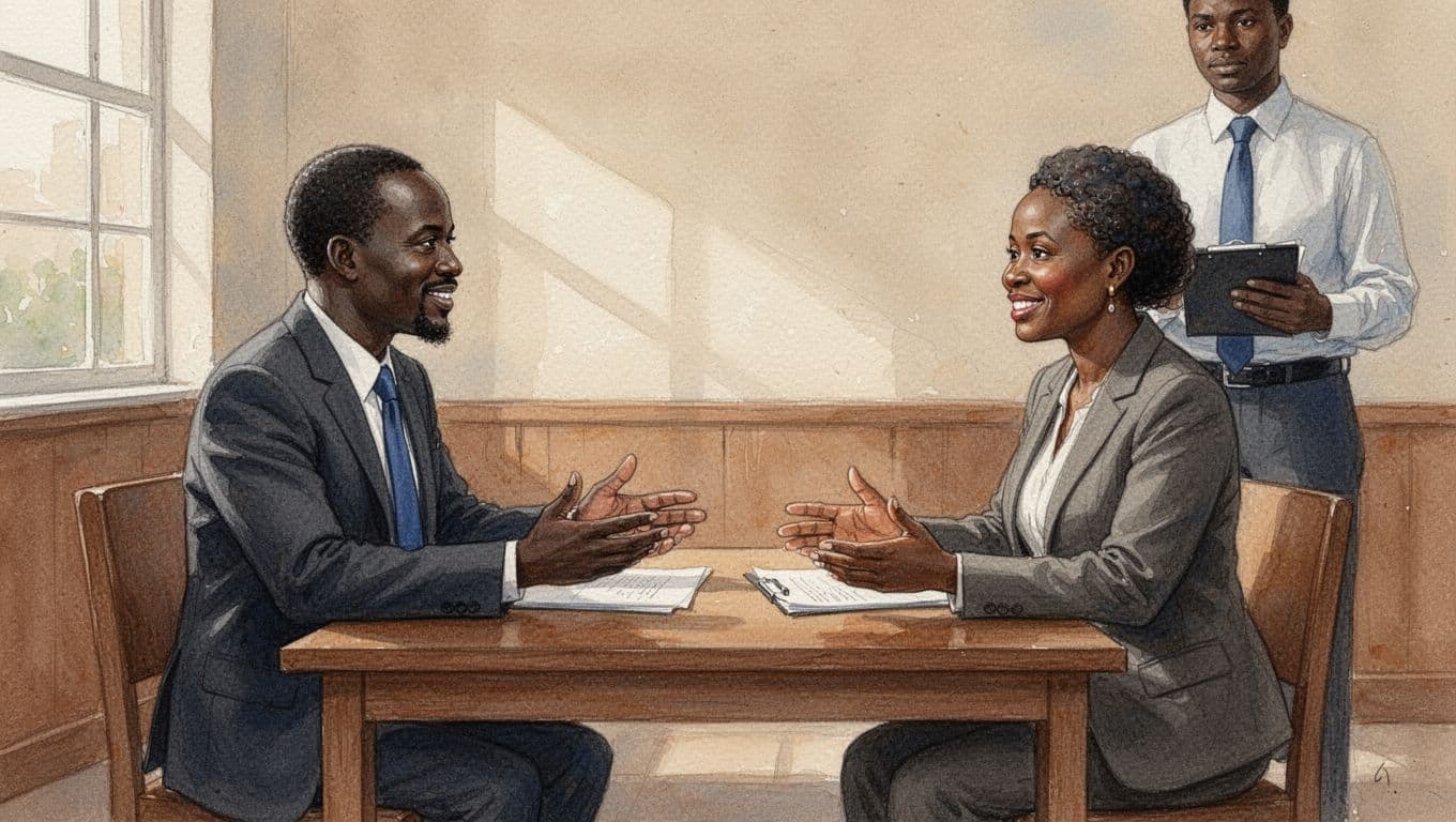 Two middle-aged Kenyans in modest business attire engage in a calm, smiling discussion across a wooden table in a sunlit courthouse mediation room, with a mediator partially visible taking notes, rendered in watercolor style.