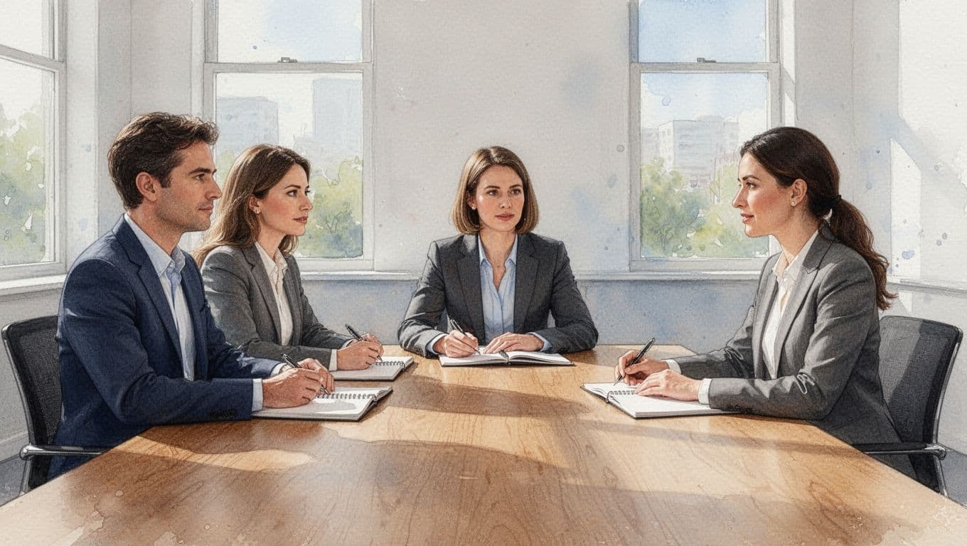Two professionals and a neutral mediator sit around a wooden table in a sunlit conference room, discussing calmly with open notebooks in watercolor style.