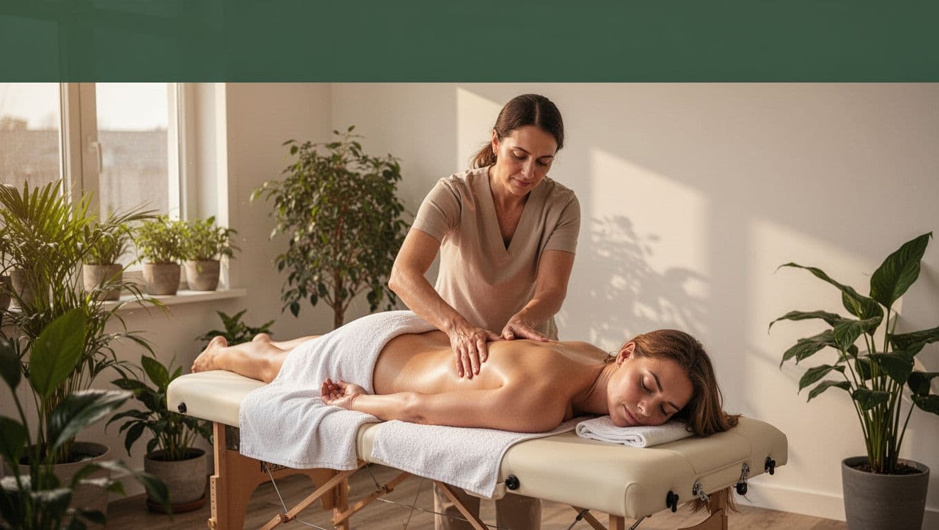 Client receives full-body massage on a professional table in a peaceful wellness clinic with soft natural light and plants, featuring a bold 'Support Wellness' headline in a muted dark-green band.