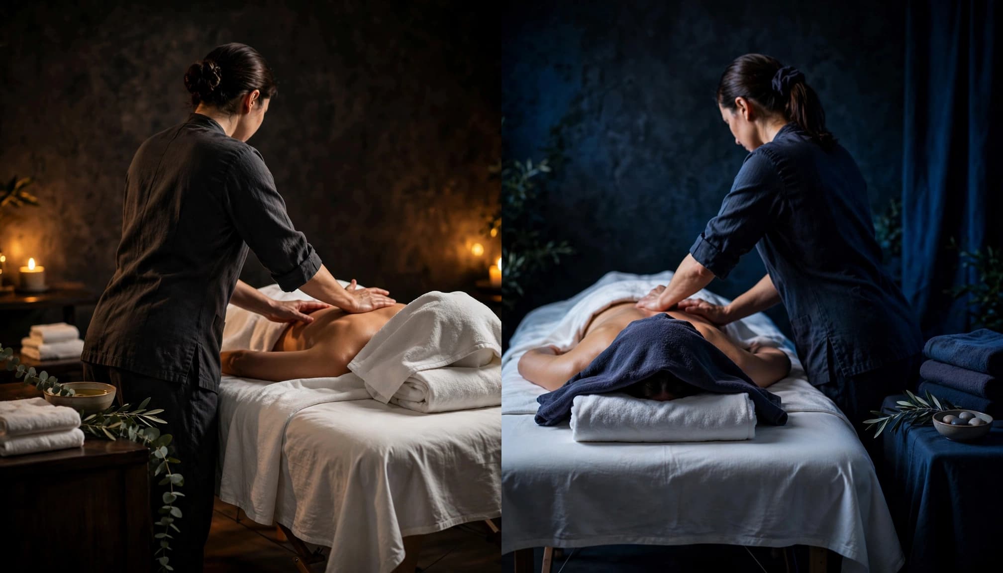 Swedish Massage 5 Two massage tables compare flowing Swedish strokes with focused deep tissue work.