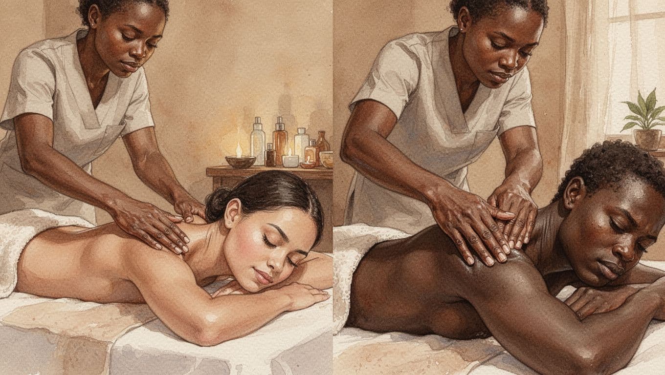 Side-by-side watercolor scenes in a cozy Nairobi spa room: left shows a therapist applying gentle gliding Swedish massage strokes to a relaxed client's upper back; right depicts the same therapist using thumbs for deep pressure on a knot in another client's shoulder.