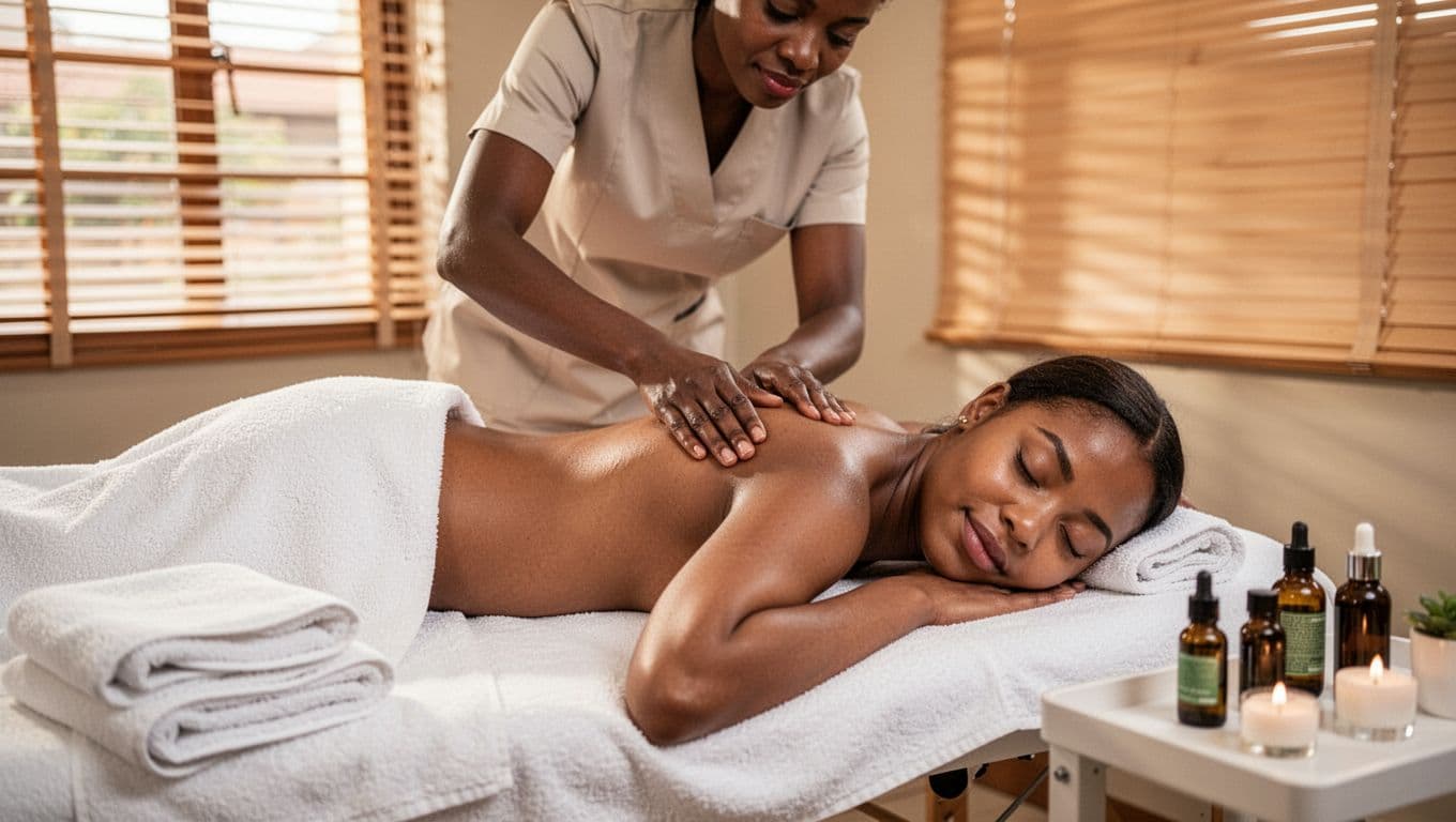 A professional masseuse performs a gentle Swedish full body massage on a relaxed client lying face down on a massage table in a serene spa room in Westlands, Nairobi, with soft natural light, folded towels, and essential oils nearby.