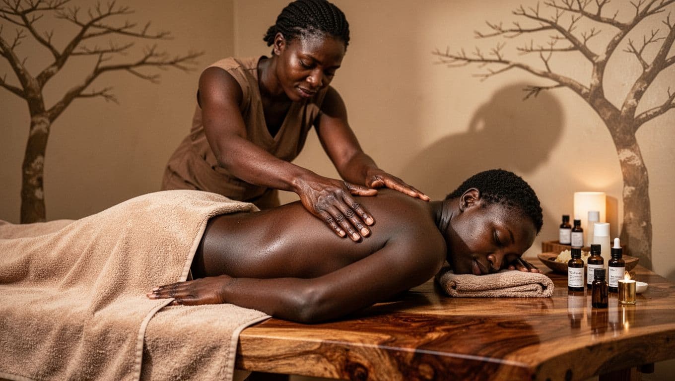 Skilled African massage therapist performs gentle long gliding strokes and kneading on a client's fully draped back during Swedish massage in a cozy Nairobi spa.