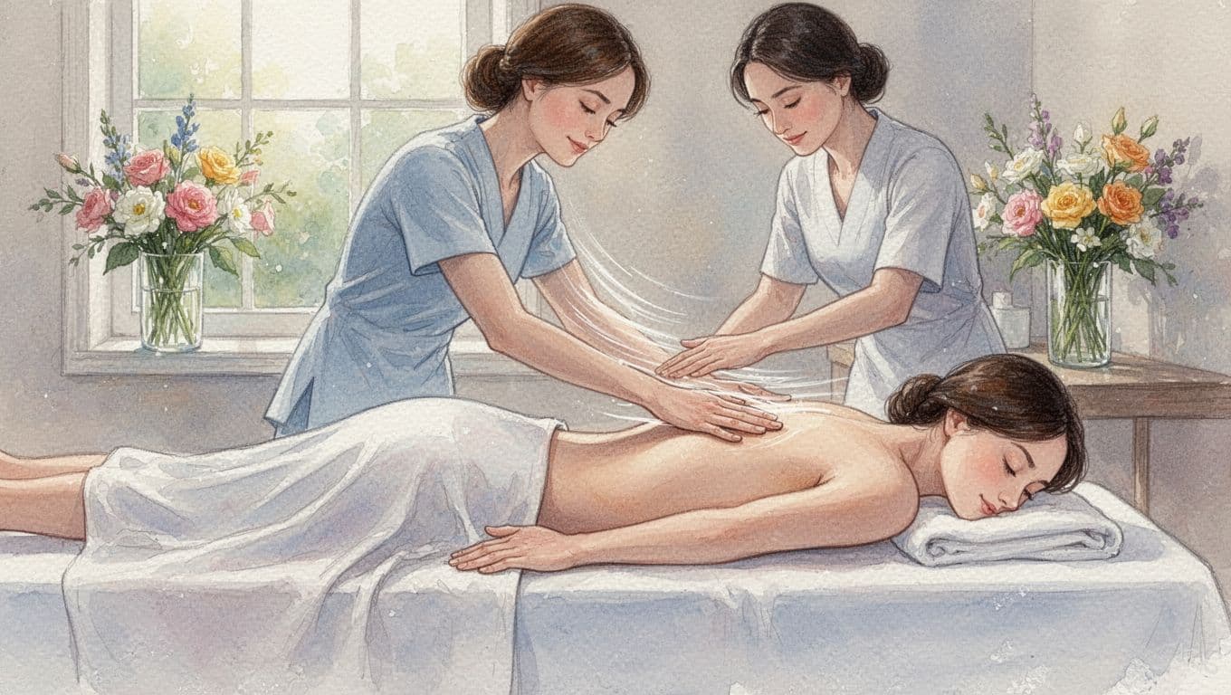 Therapist glides open palms along client's draped back on spa bed in peaceful room with soft light.