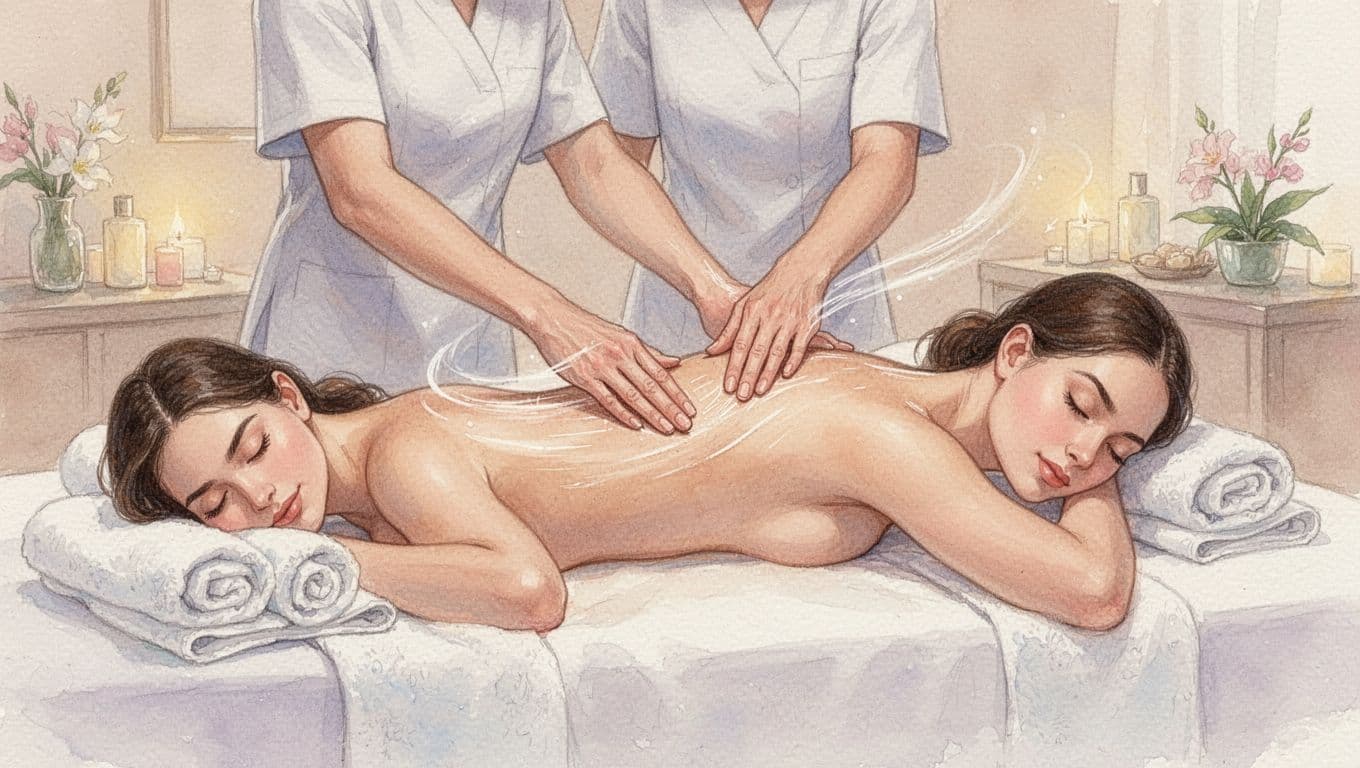 A therapist performs long gliding Swedish massage strokes on the full back of a relaxed face-down client in a peaceful spa with soft lighting. Watercolor style features soft blending, brush texture, and warm pastel tones promoting stress relief.