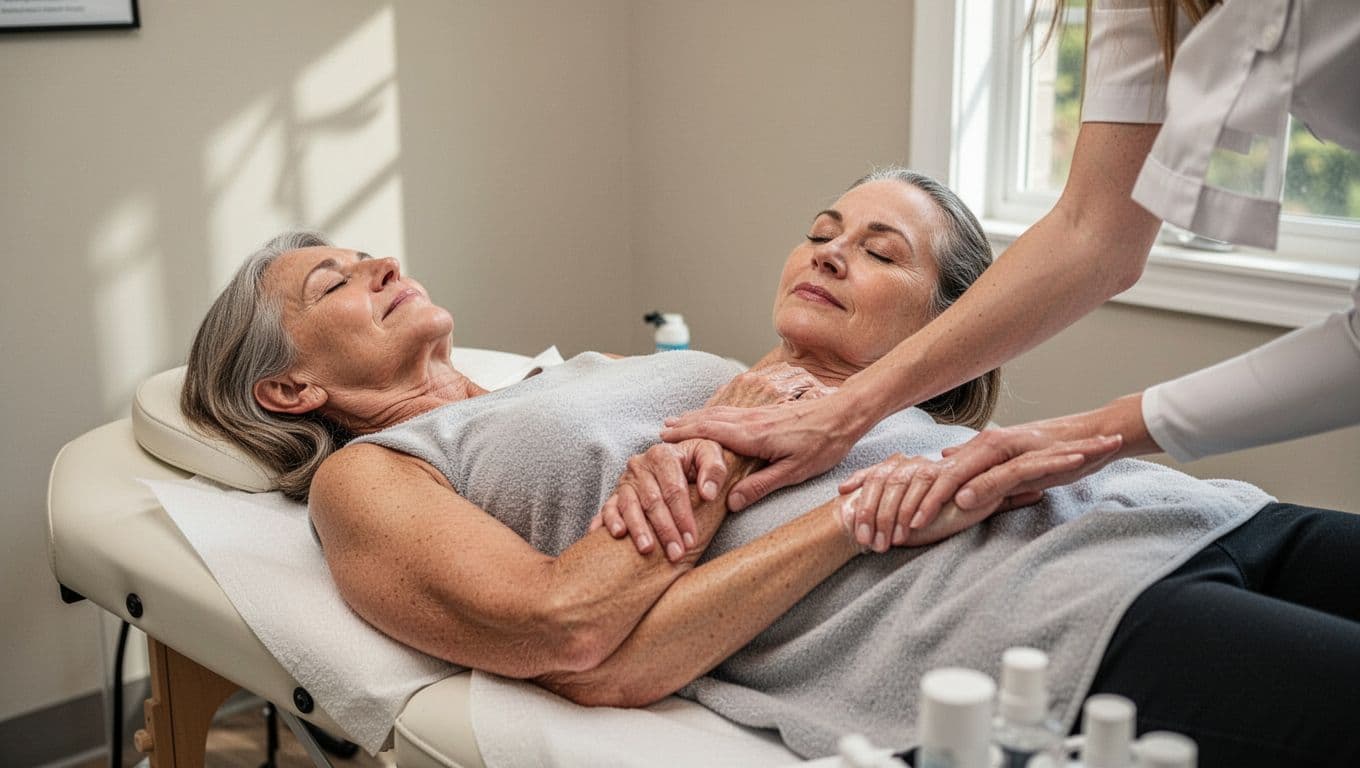 Middle-aged person lying comfortably during a gentle Swedish massage on arms and hands for carpal tunnel relief in a calm clinic with soft natural light, featuring bold 'Chronic Relief' headline on a dark-green band.