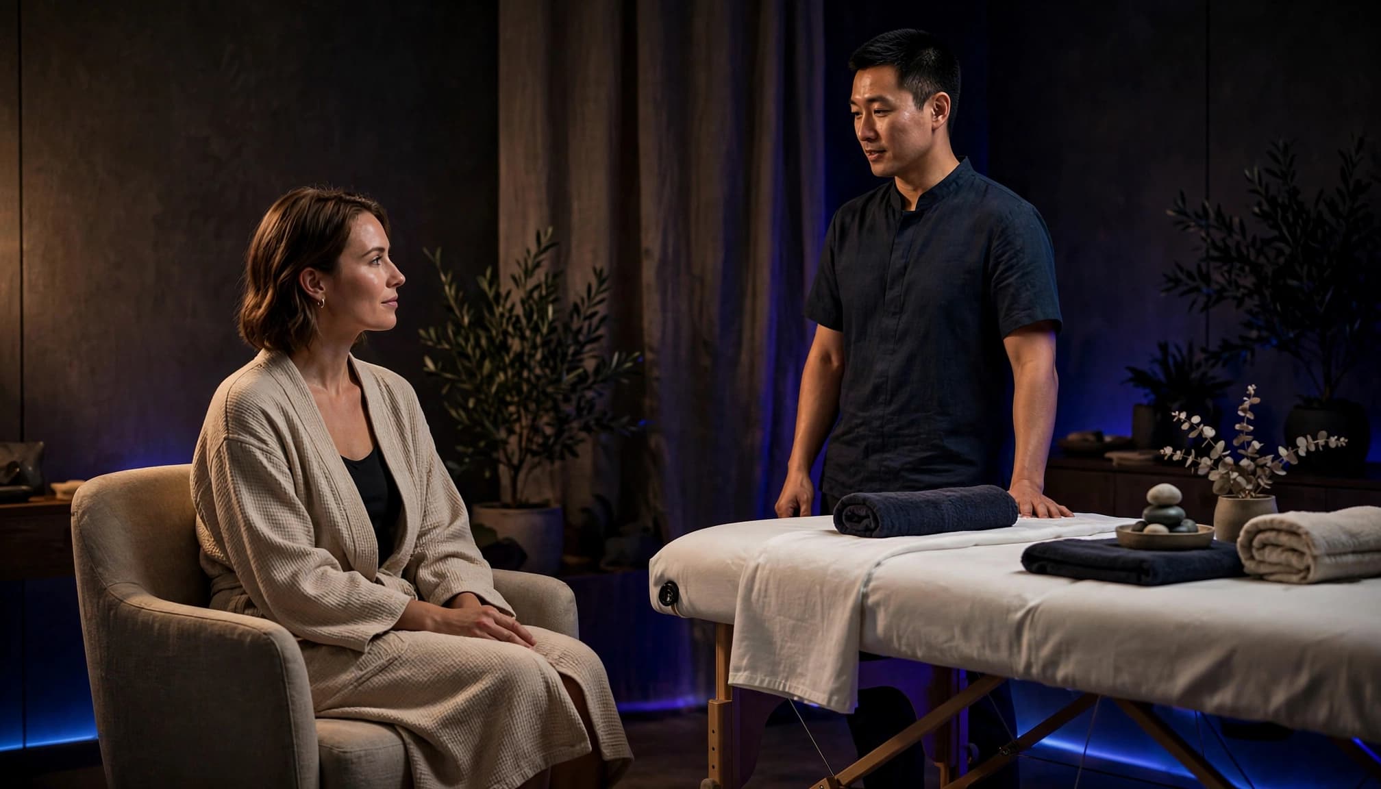 Swedish Massage 8 A client and therapist discuss massage options beside a neatly made table.