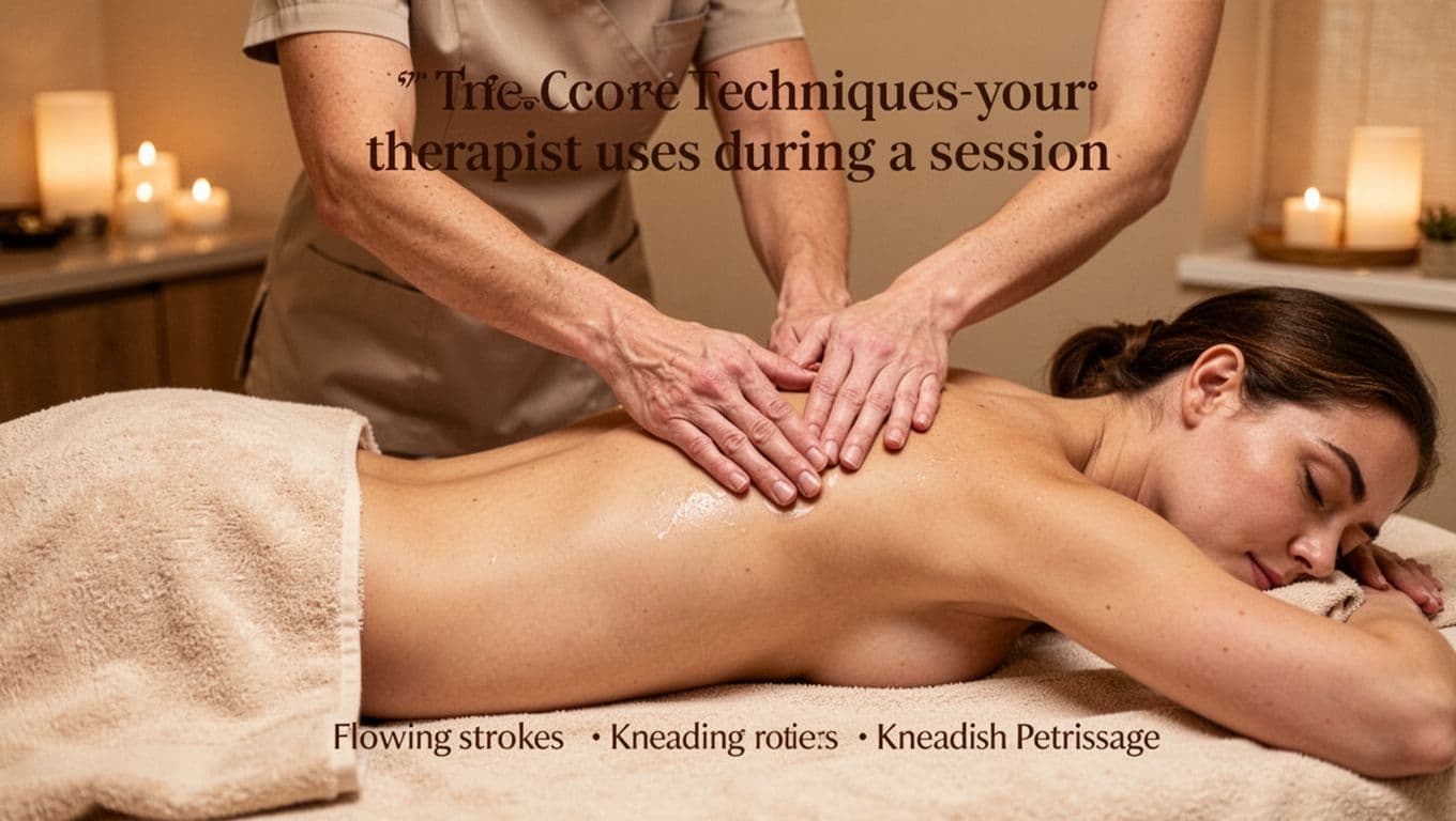 Swedish Massage 2 A massage therapist demonstrates long gliding effleurage strokes transitioning to kneading petrissage on a client's back in a serene spa room with warm lighting.