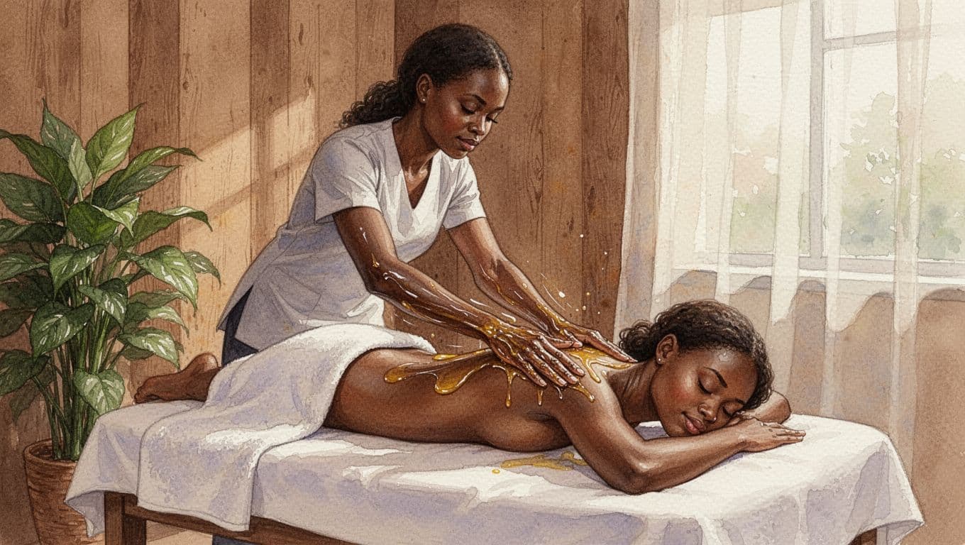 A female therapist applies gentle long gliding strokes with oil to the back of a relaxed female client face down on a massage table in a serene cozy Nairobi spa room with wooden elements and soft window light, in watercolor style with warm daylight tones.