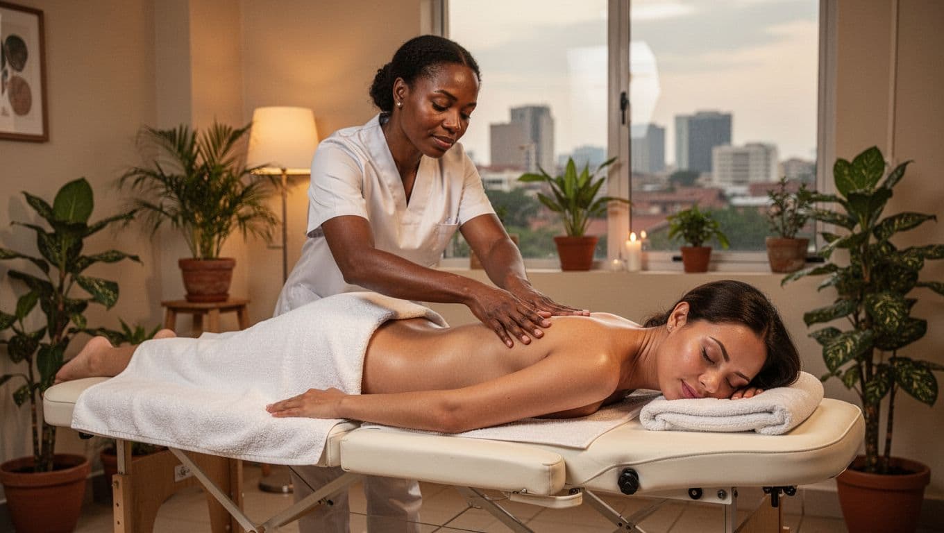 Female therapist applies long gliding strokes of Swedish massage to a relaxed woman lying face down on a professional table in a serene Nairobi spa with soft lighting and city view.