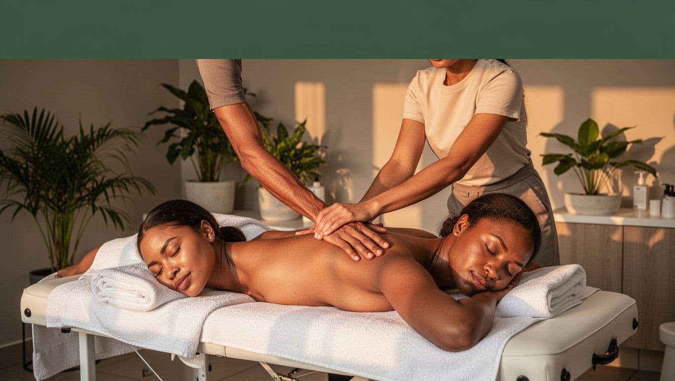 Relaxed client lying face down on a professional massage table in a modern spa receives long gliding strokes and kneading on upper back muscles from a skilled therapist using forearms, under warm golden-hour lighting.