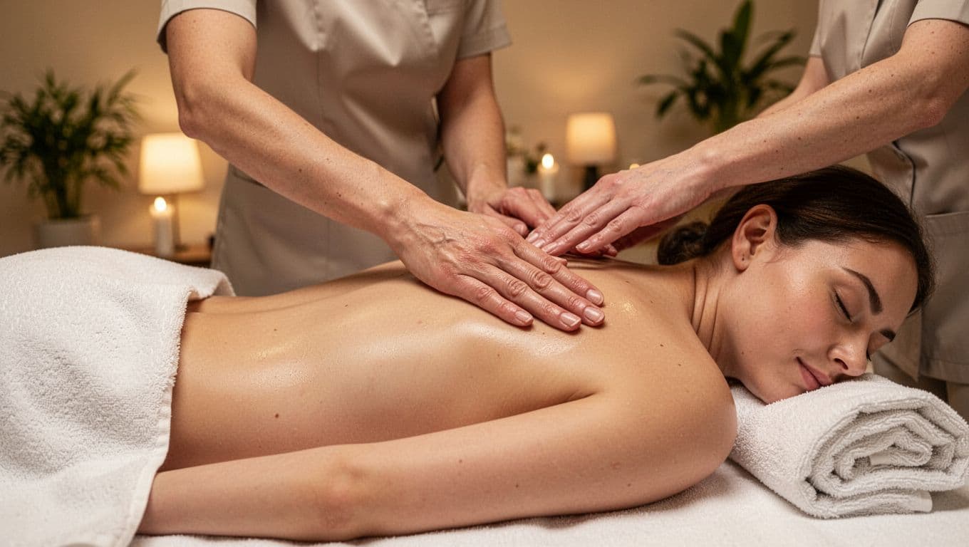 A massage therapist performs gentle long gliding strokes of Swedish massage on a client's upper back and shoulders using light pressure in a serene spa room.