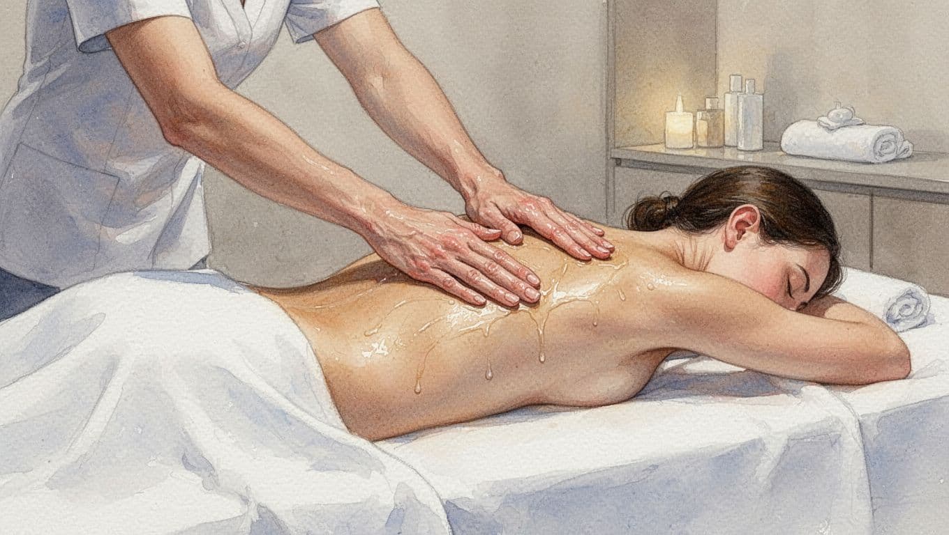 Massage therapist performing long gliding Swedish massage strokes along a client's full back with light oil sheen, client lying face down on spa table in peaceful room, watercolor style.