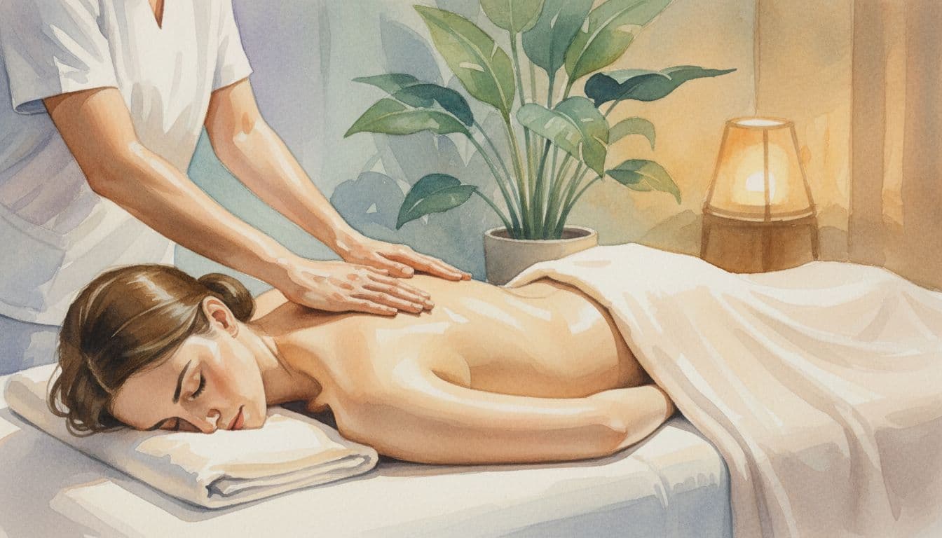 Massages in Langata: A Clear Guide from Fortune Massage & Spa 4 Therapist hands stroke client's covered upper back on massage table in spa with plants and warm light.