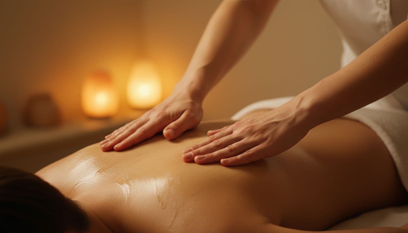 A therapist's hands performing long gliding strokes on a client's relaxed back in a calm spa room with soft lighting and warm golden tones.