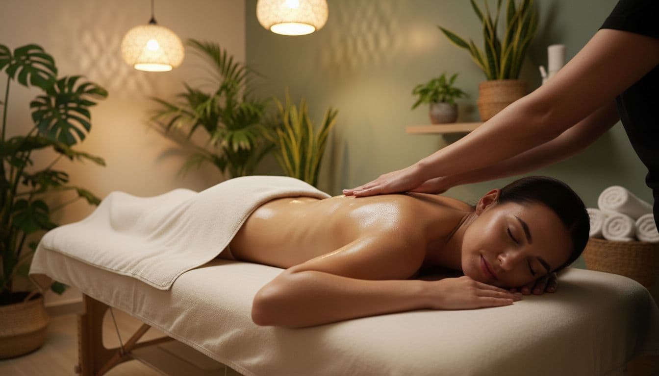 Nairobi Massage Guide: Styles, Prices, Safety, and Aftercare (2026) 5 A female therapist performs long gliding strokes with light to medium pressure on the full back of a relaxed female client face down on a massage table in a serene Nairobi spa. The scene features glistening oil on skin, soft lighting, plants, and a calming atmosphere in realistic photography style.