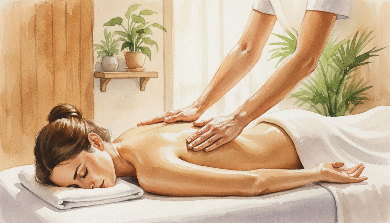 A female therapist's hands perform long flowing Swedish massage strokes on the oiled bare back of a relaxed female client on a professional table in a cozy Nairobi spa. Watercolor style with soft brush textures, warm earthy tones, and afternoon lighting.