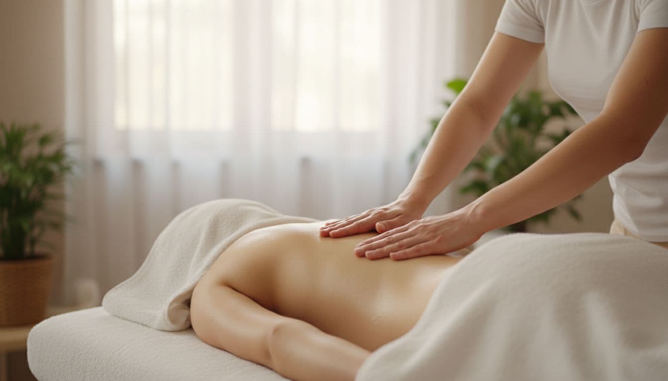 Close-up of a professional masseuse performing gentle Swedish massage on a client's back in a calm spa setting with soft natural light.
